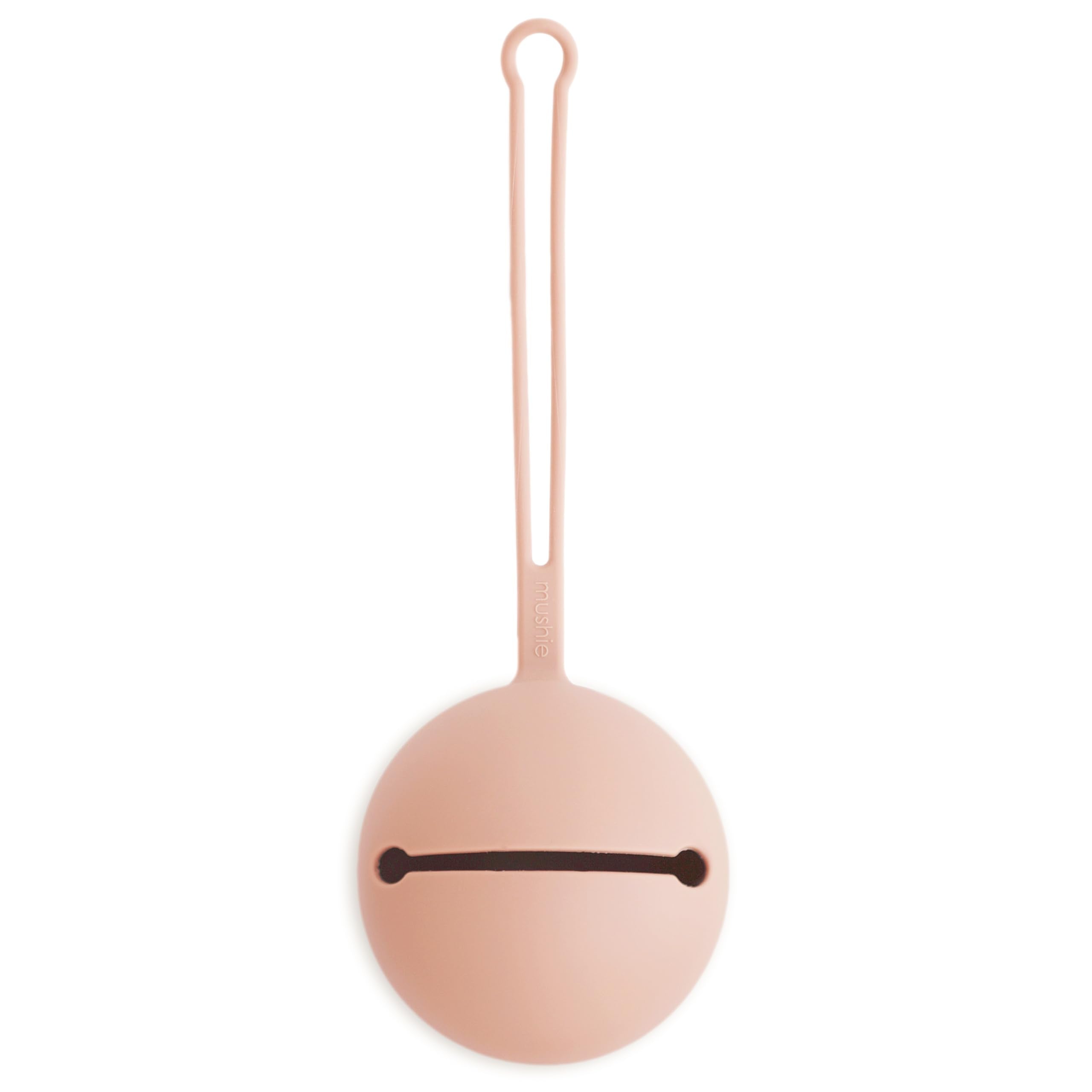 Mushie pacifier holder case in blush shows clean, accessible storage for pacifiers on the go.