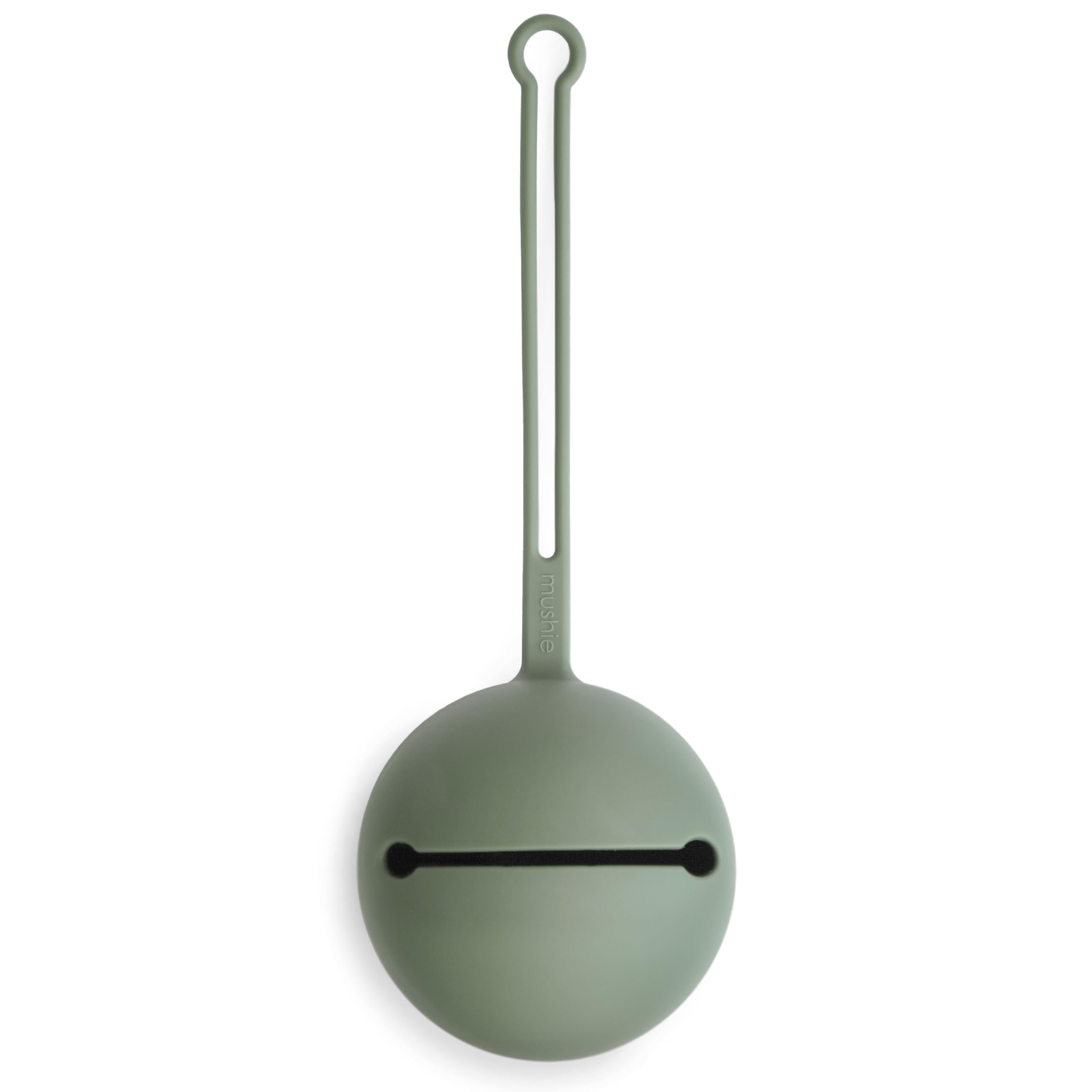 Mushie pacifier holder case in dried thyme close-up showing smooth silicone texture and color