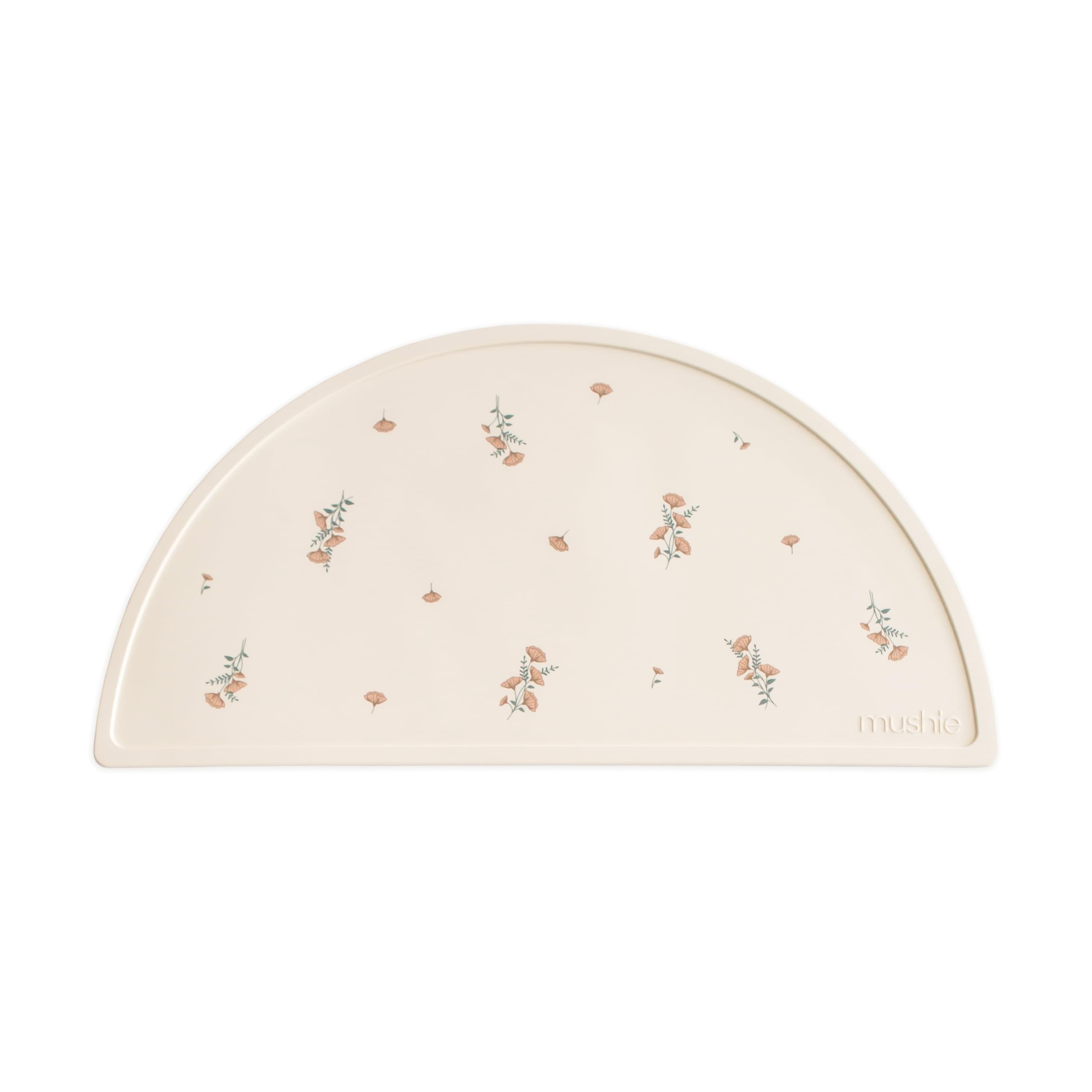 Mushie silicone placemat for kids, pink-flowers pattern, easy clean and mess containment during meals.