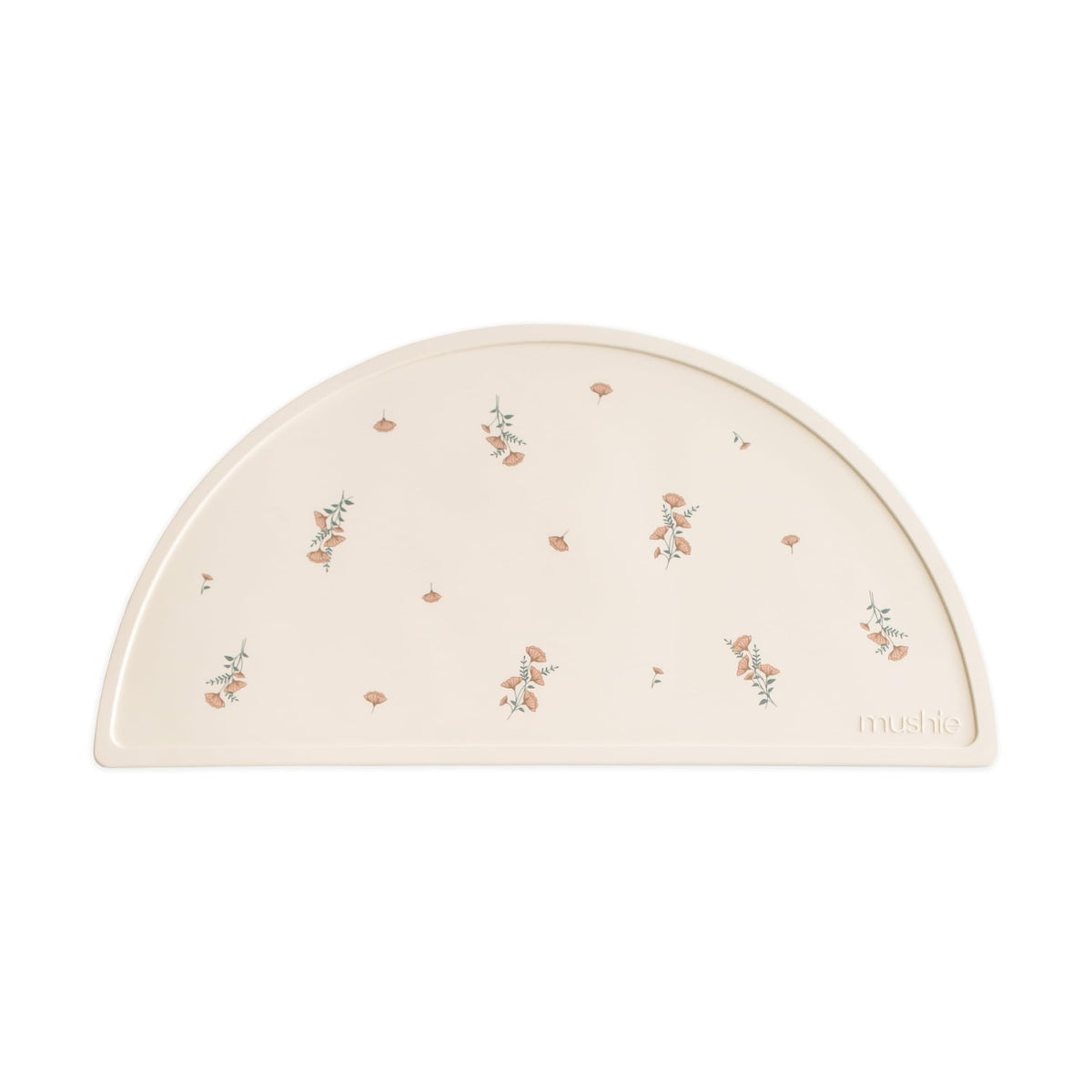 Mushie silicone placemat for kids, pink-flowers pattern, easy clean and mess containment during meals.