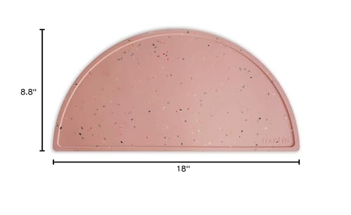 Mushie powder pink confetti placemat size-friendly option enhances family dining setup.