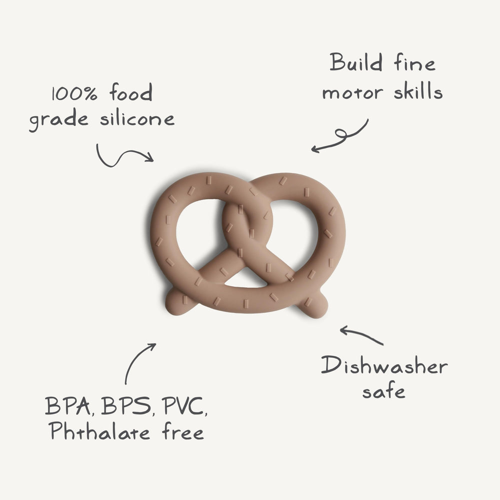 Mushie pretzel teether baby grip demo highlights easy grasp for little hands.