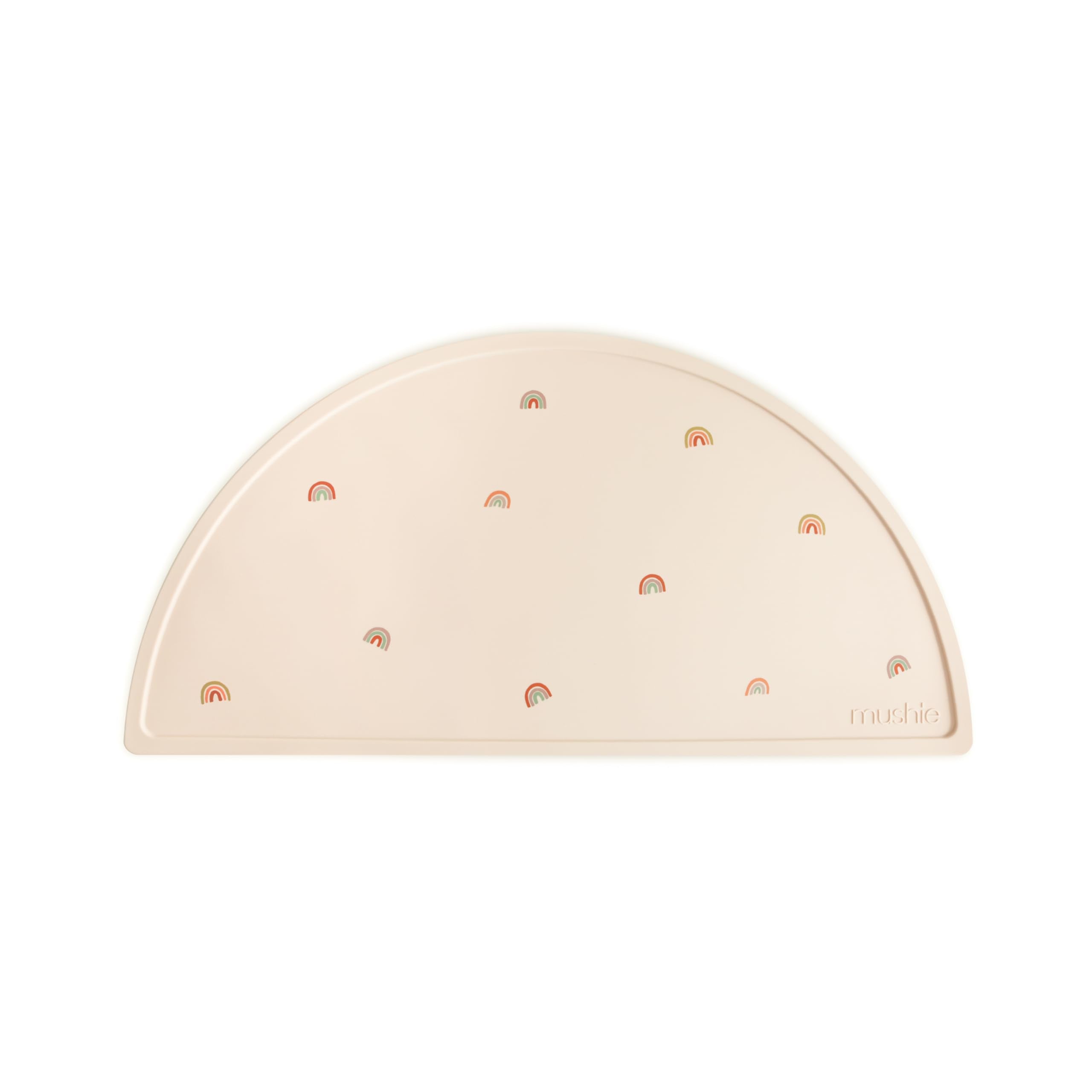 mushie rainbows placemat flat-setup shows compact silicone mat for easy mess-free mealtimes