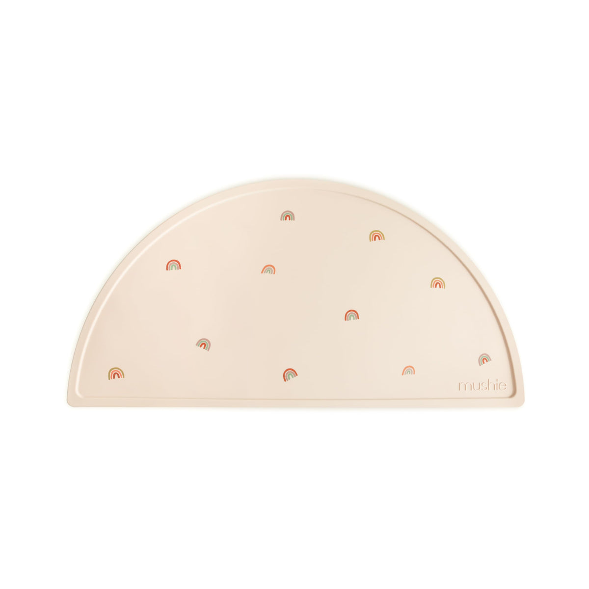 mushie rainbows placemat flat-setup shows compact silicone mat for easy mess-free mealtimes