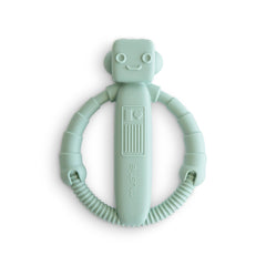Mushie robot rattle teether front view highlighting safe silicone for soothing gums