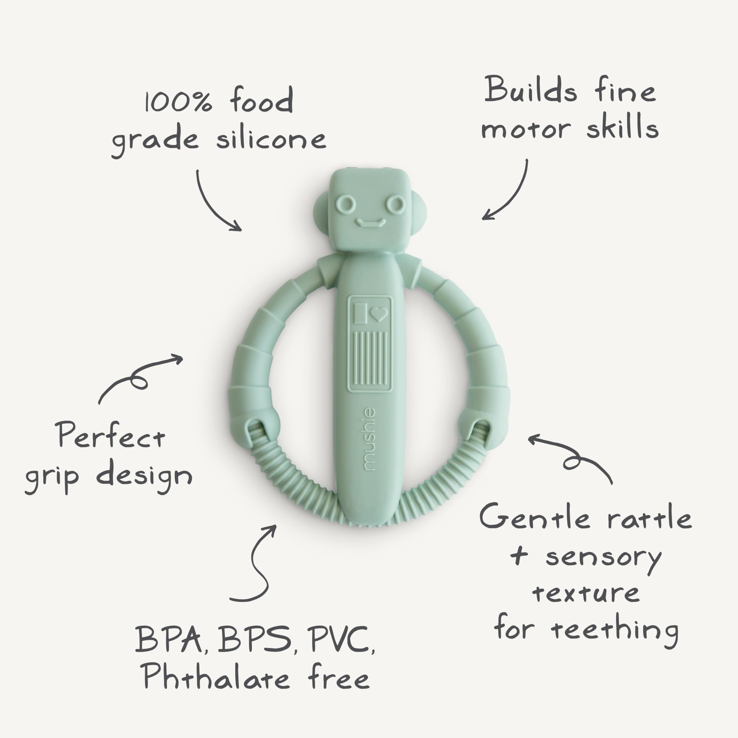 Mushie robot rattle teether packaging display highlights design and safety features