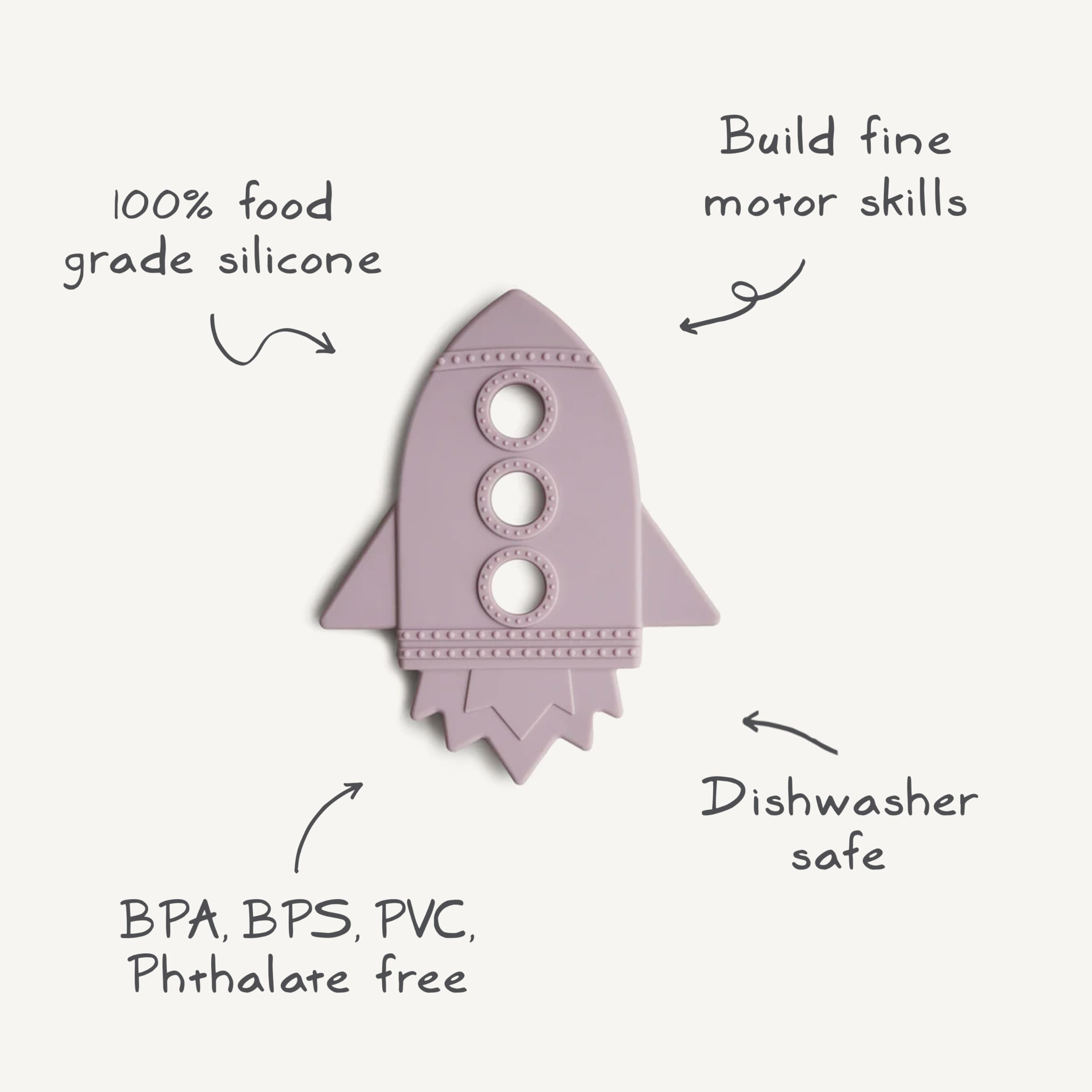 Mushie Rocket Teether softly rebounds for gentle chew sessions.