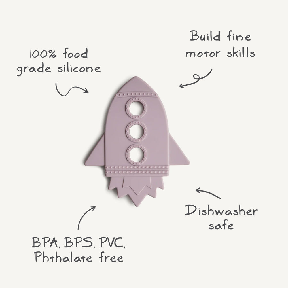 Mushie Rocket Teether softly rebounds for gentle chew sessions.