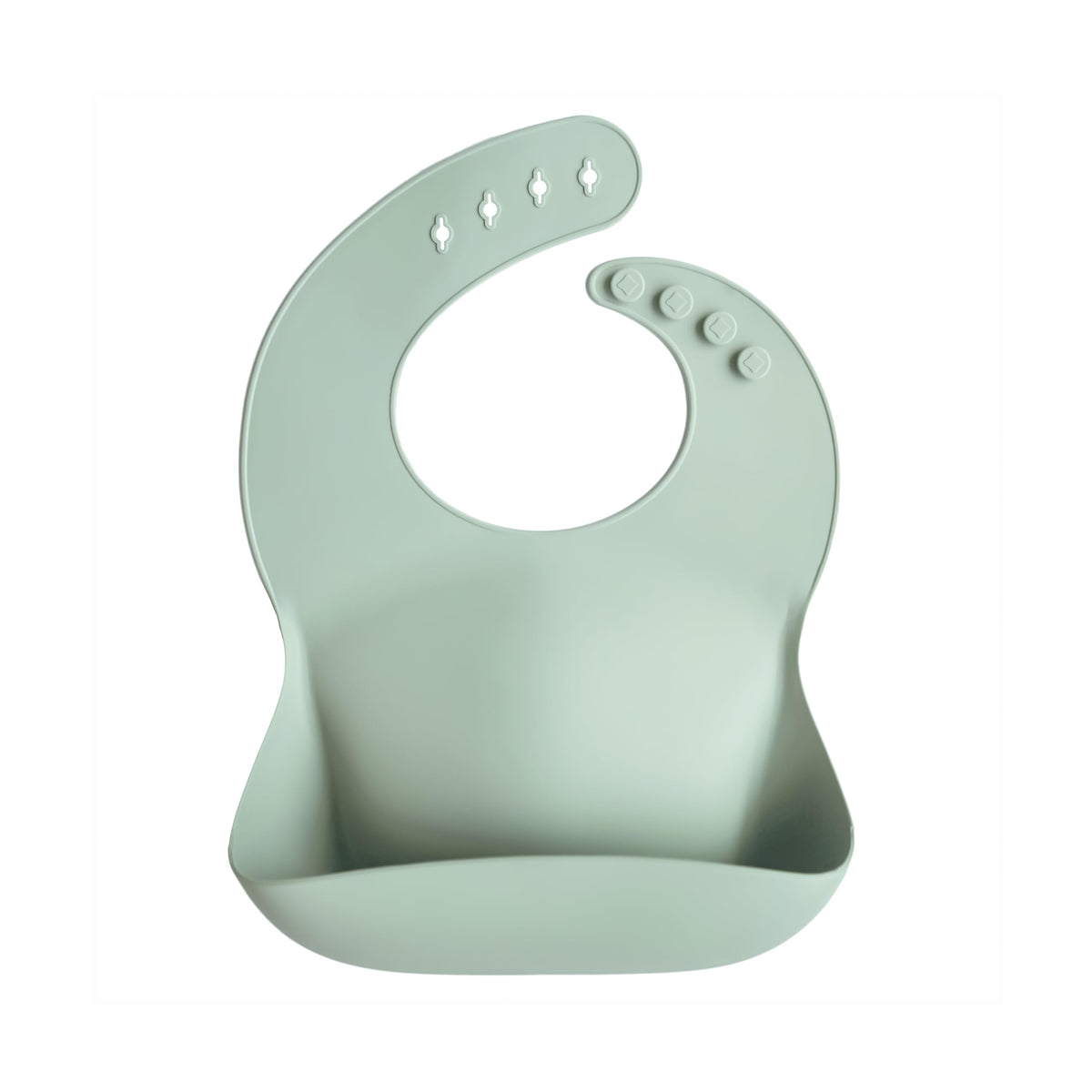 Mushie silicone baby bib adjustable fit Cambridge Blue, showing secure neck fasteners for growing babies.
