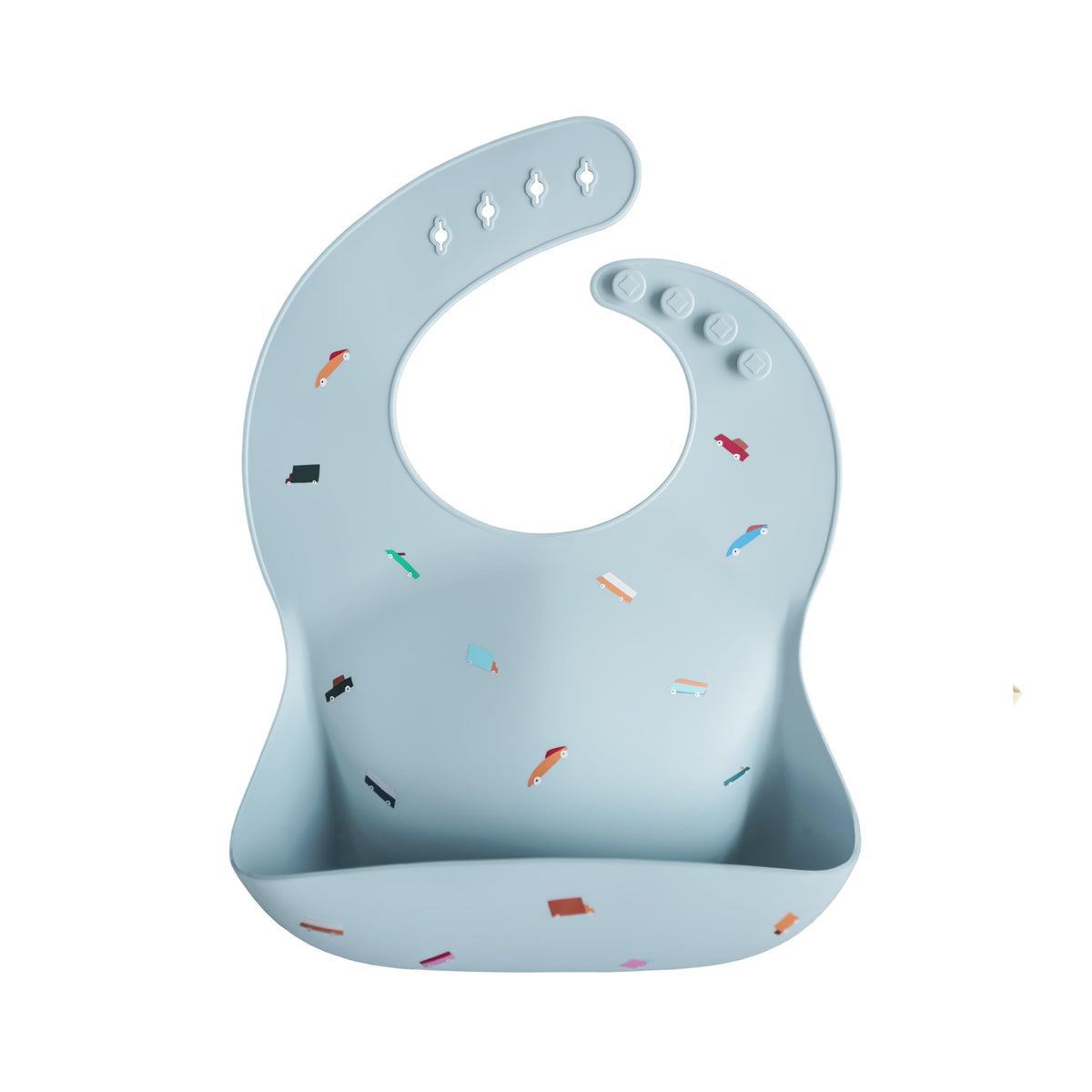 Mushie silicone baby bib with retro cars, adjustable fit keeps clothing clean