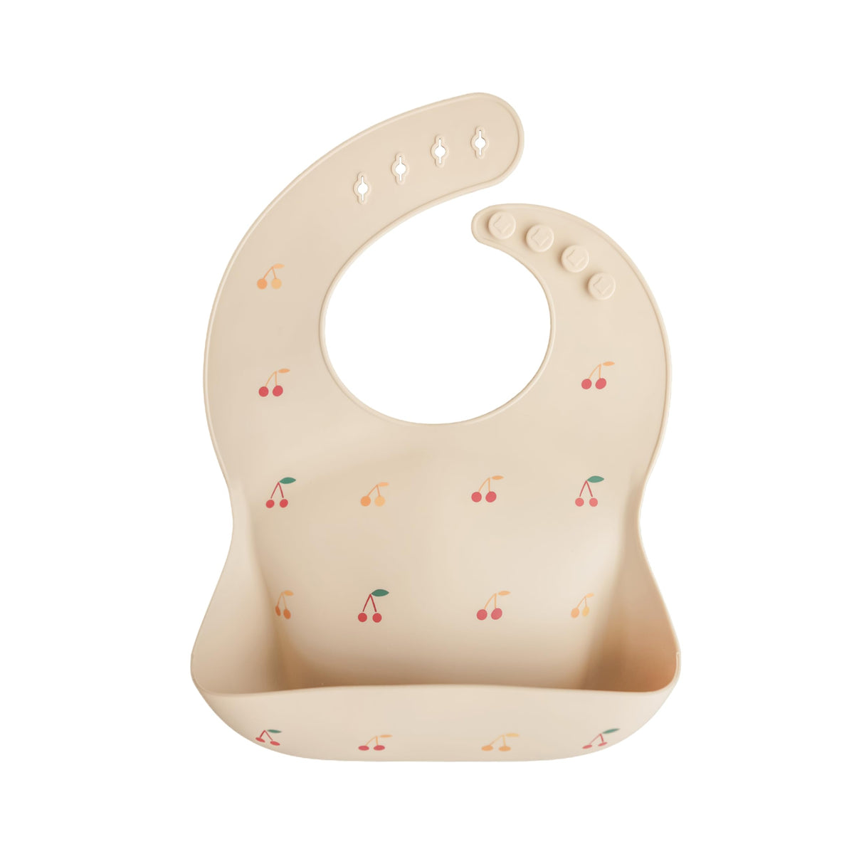 Mushie silicone baby bib adjustable neck cherries for a snug, mess-ready fit.