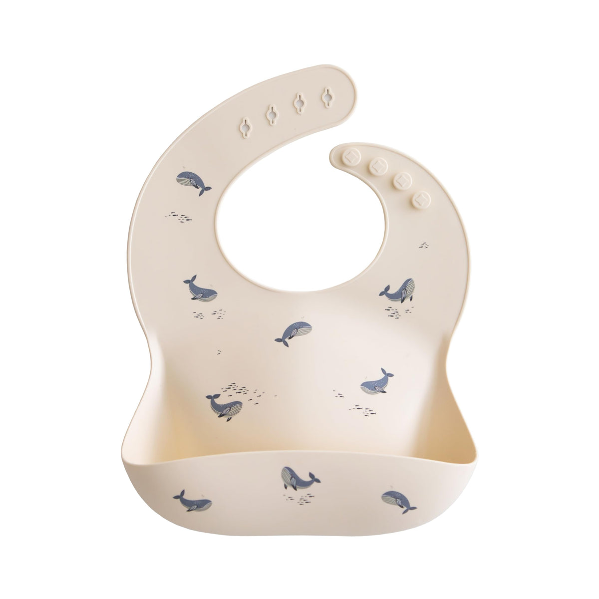 Mushie silicone baby bib adjustable-neck shows a snug fit for growing babies during meals