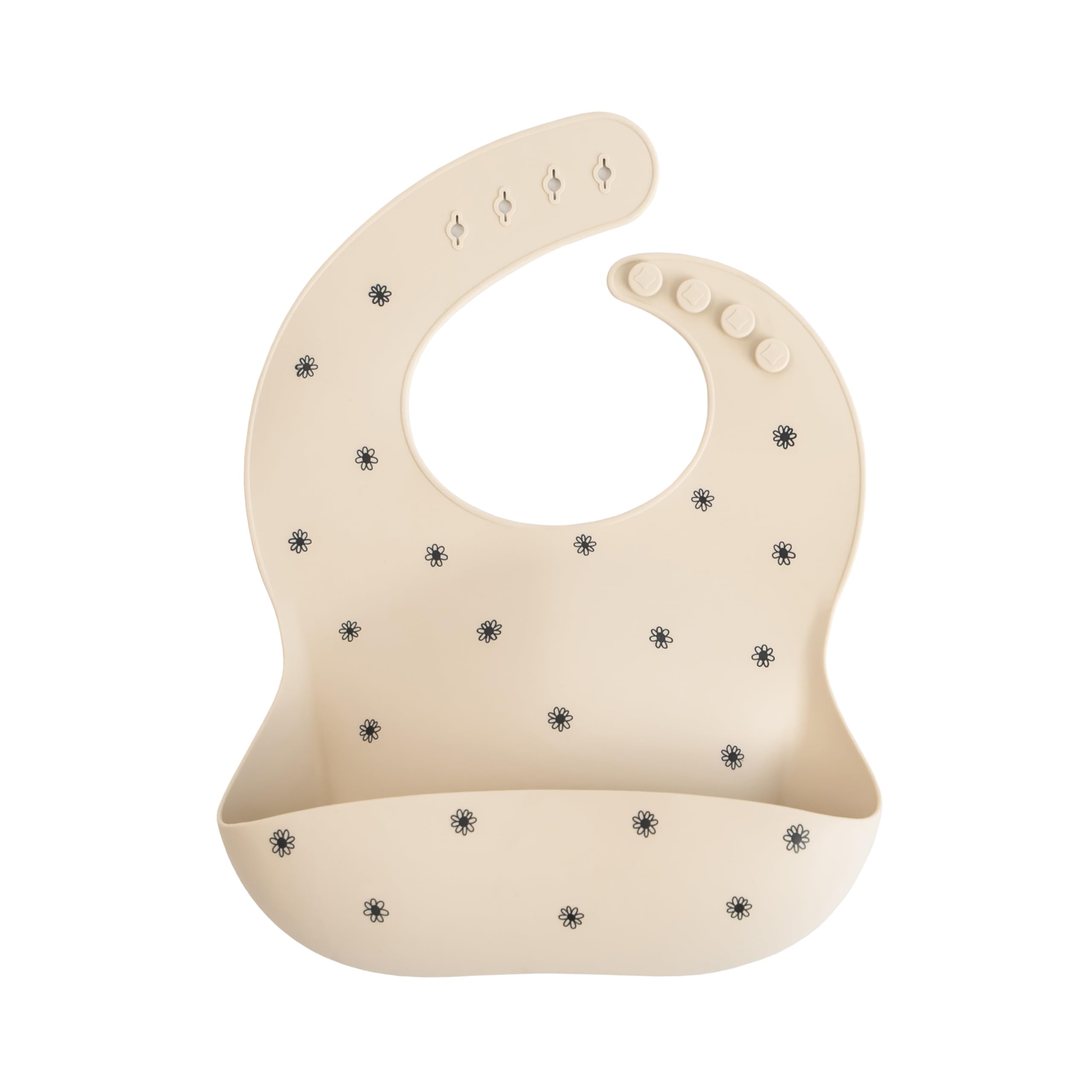 Mushie silicone baby bib Black Daisy with neck fastener for a secure, mess-catching fit.
