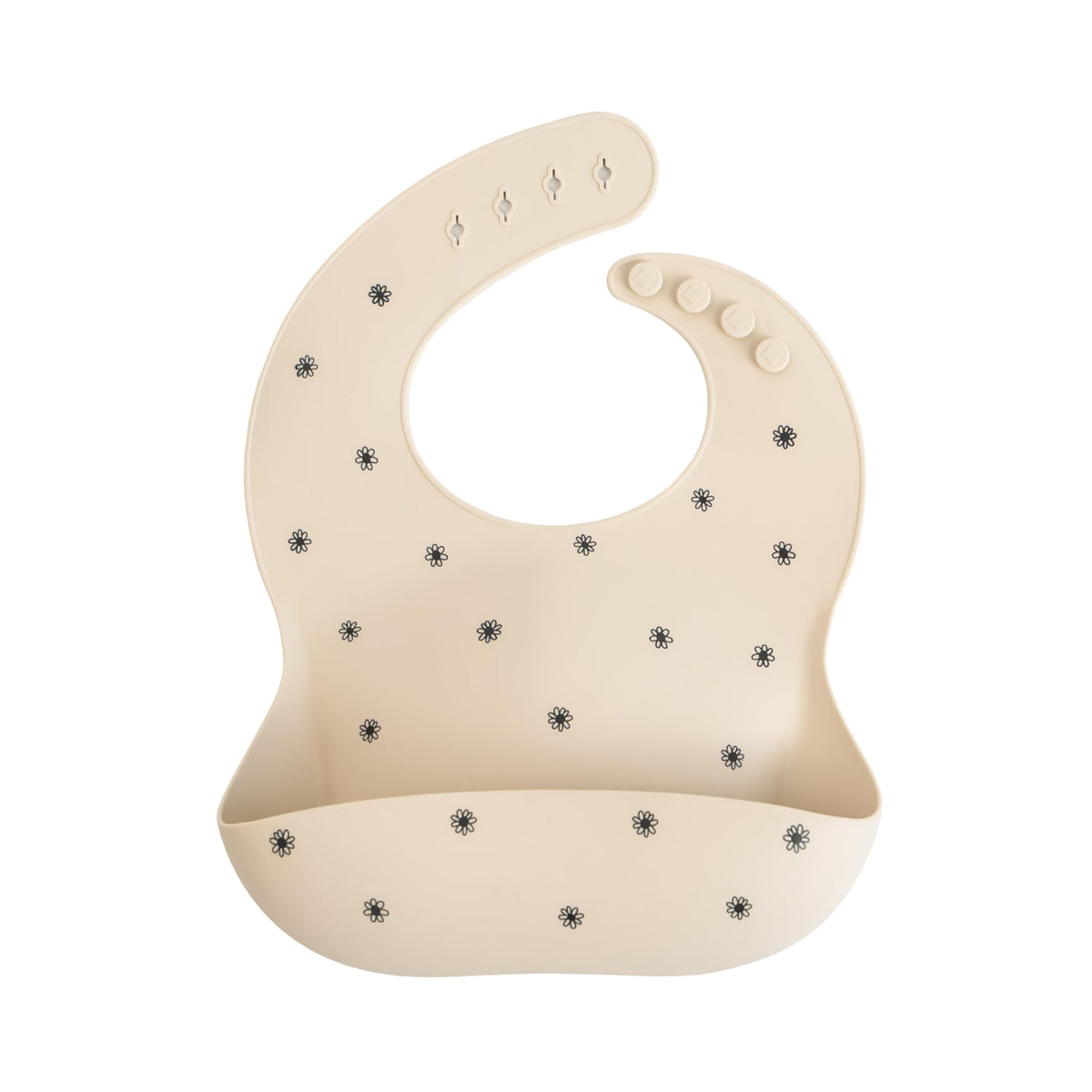 Mushie silicone baby bib Black Daisy with neck fastener for a secure, mess-catching fit.