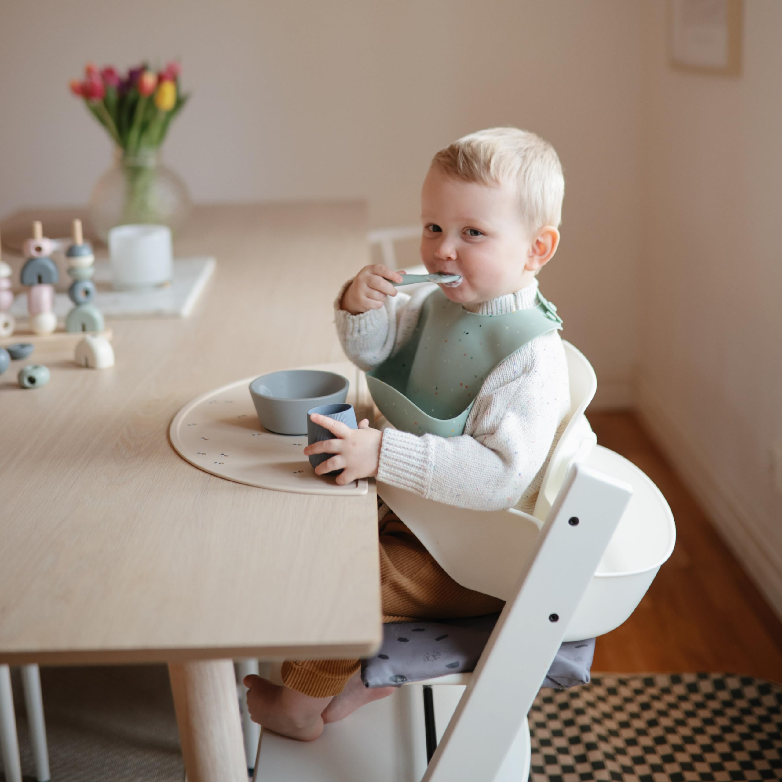 Mushie bib BPA BPS PVC free for peace of mind.
