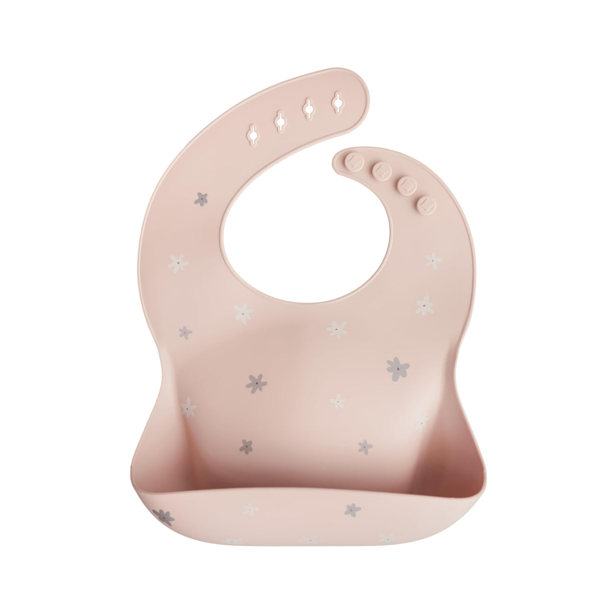 Mushie silicone baby bib Daisy with neck fastener for a snug fit.