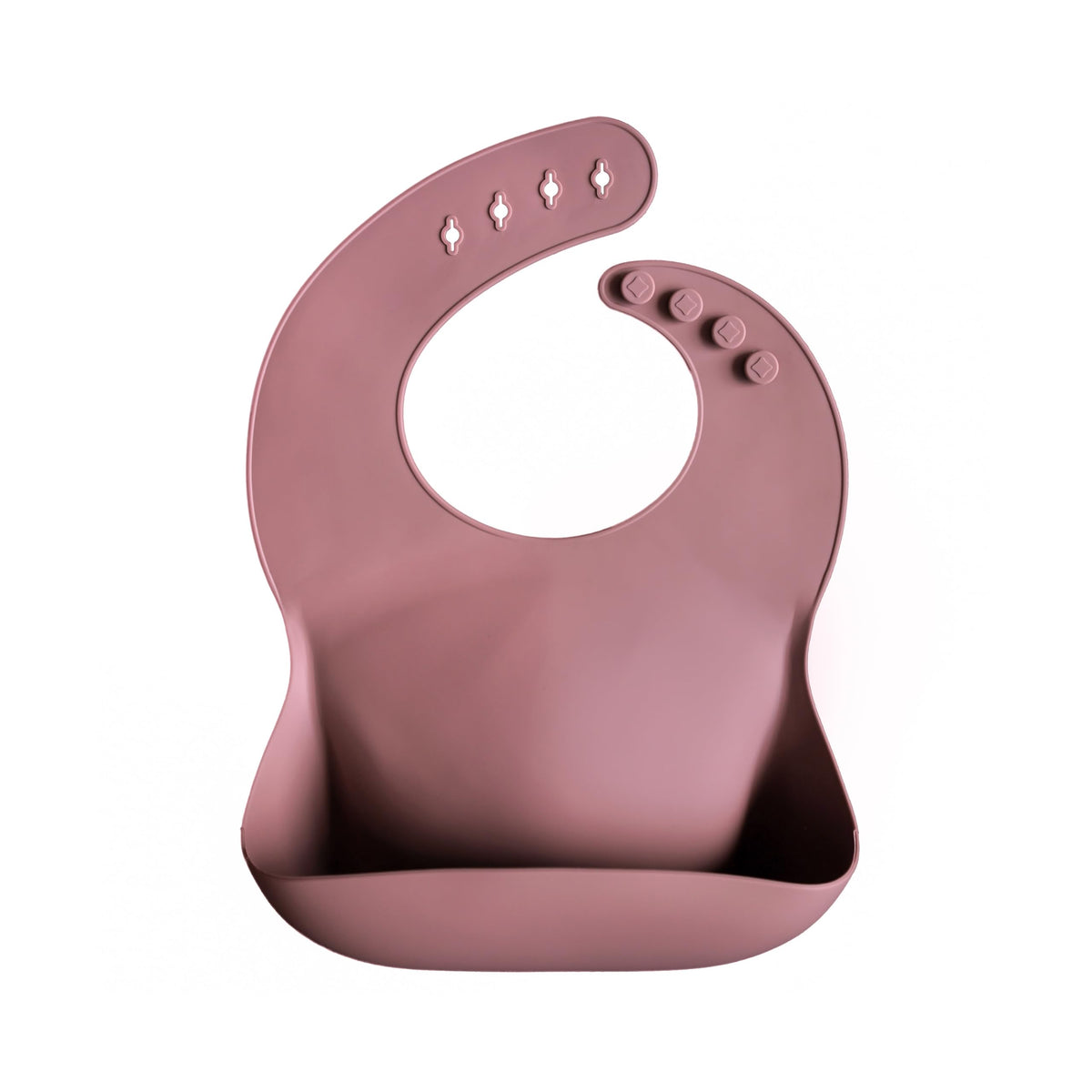 Mushie silicone baby bib in dusty rose front view showing adjustable neck and snug fit