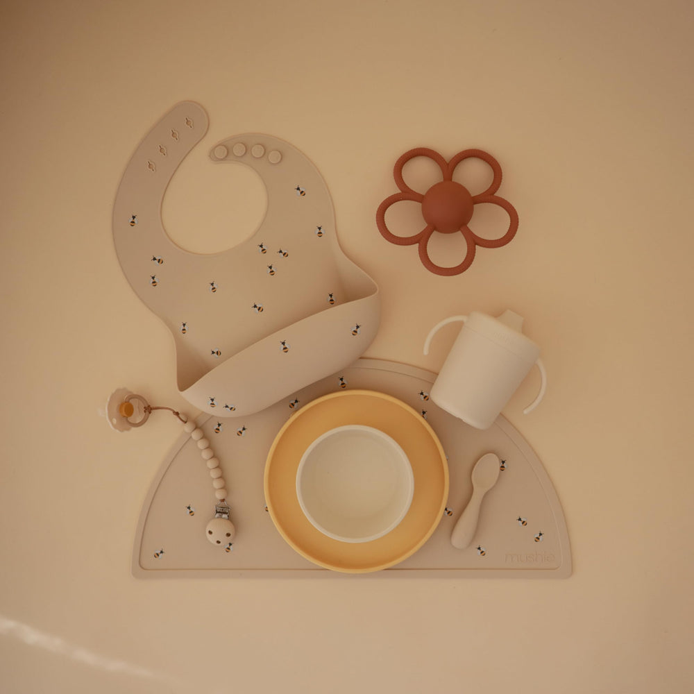Mushie silicone is food-grade and BPA-free for safe snacking and feeding