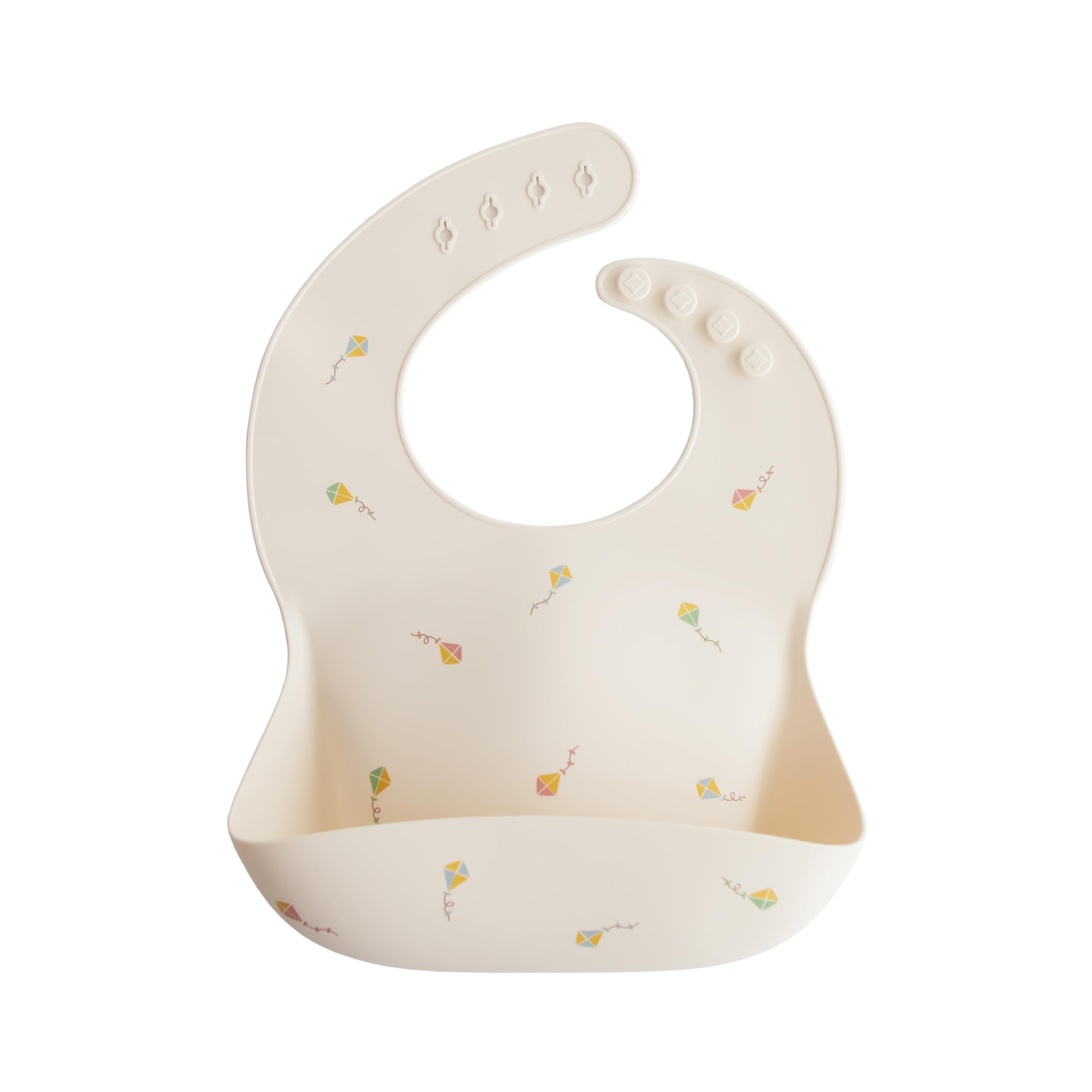 Mushie silicone baby bib adjustable fit close-up showing snug comfort during meals.