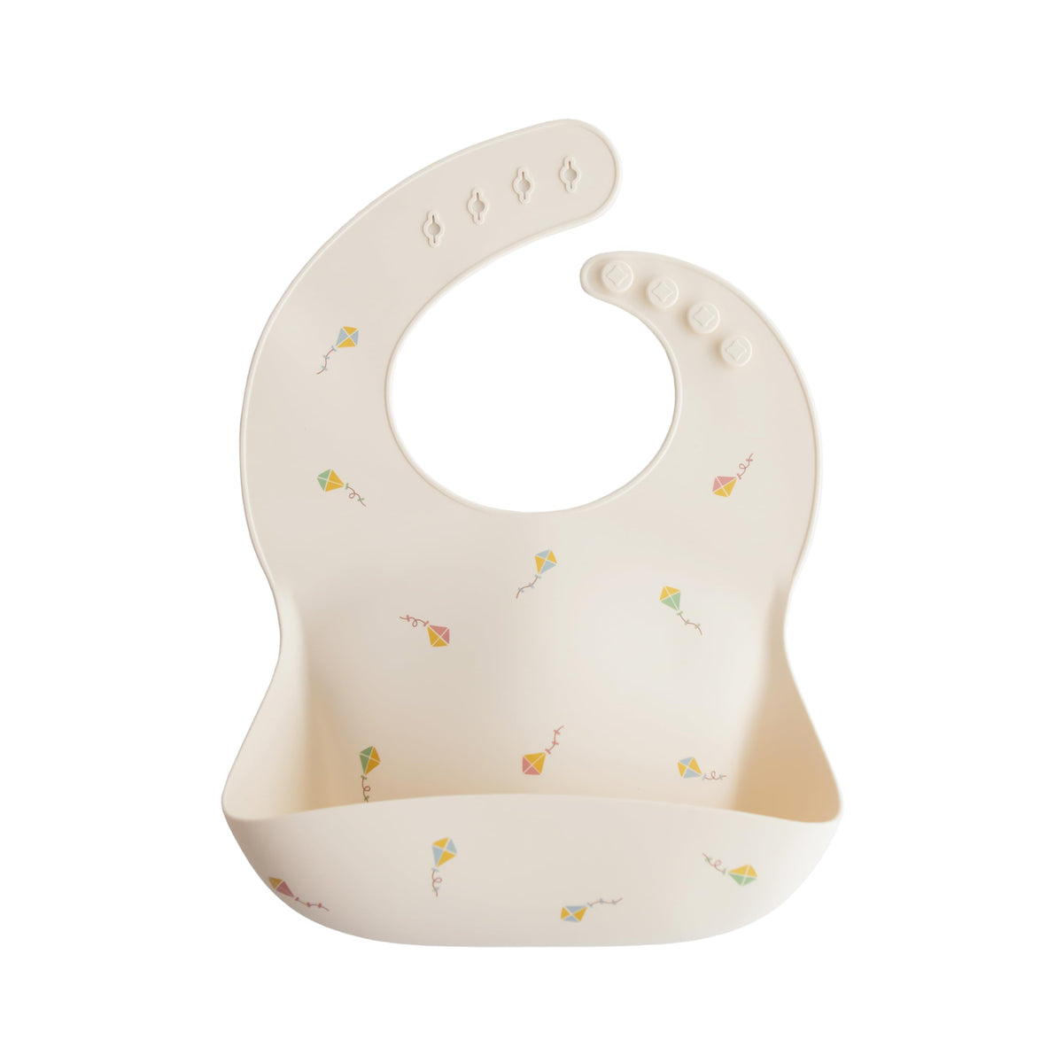 Mushie silicone baby bib adjustable fit close-up showing snug comfort during meals.