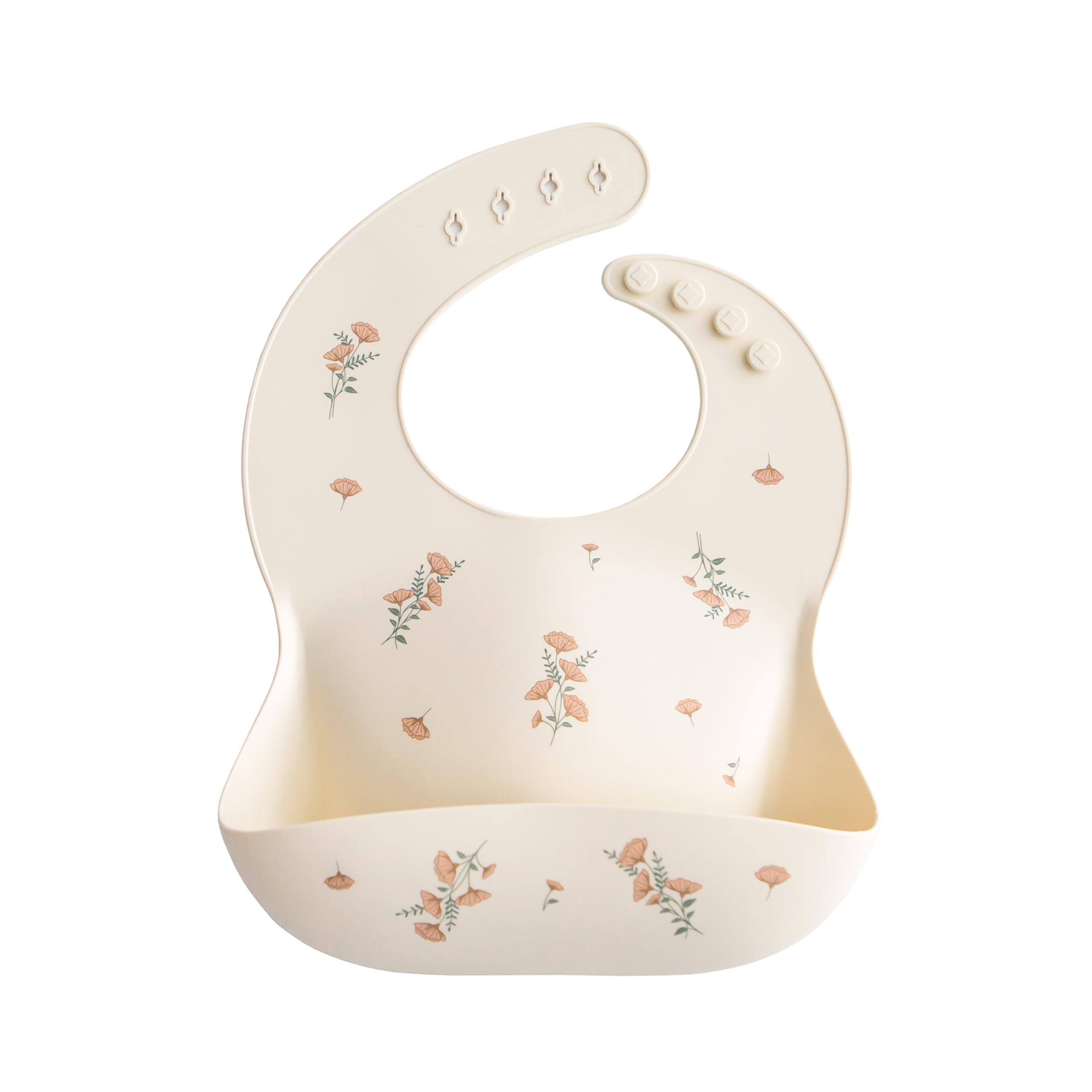 Mushie silicone baby bib pink flowers front view with crumb-catching pocket