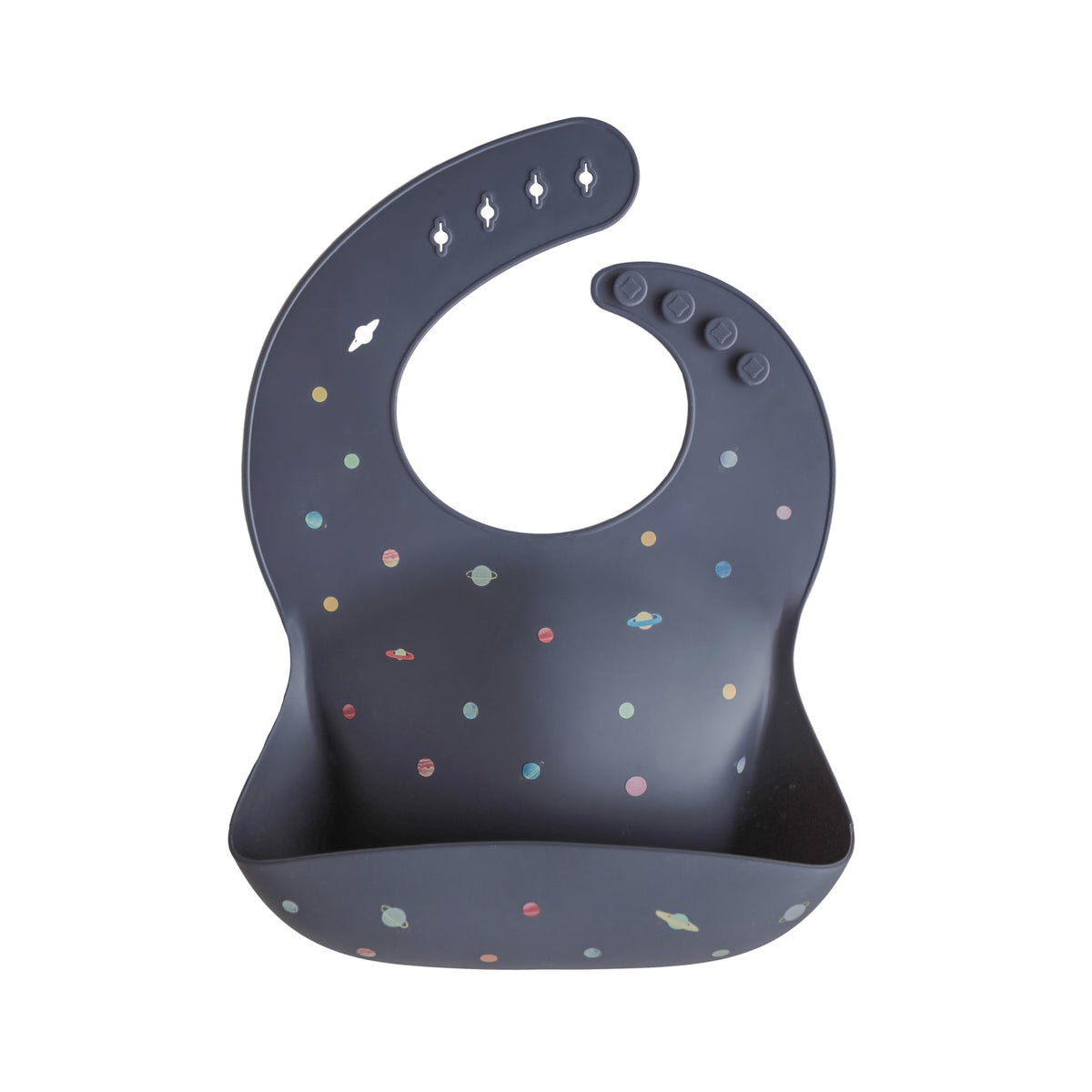 Mushie silicone baby bib Planets front view with adjustable neck closure for a snug fit.