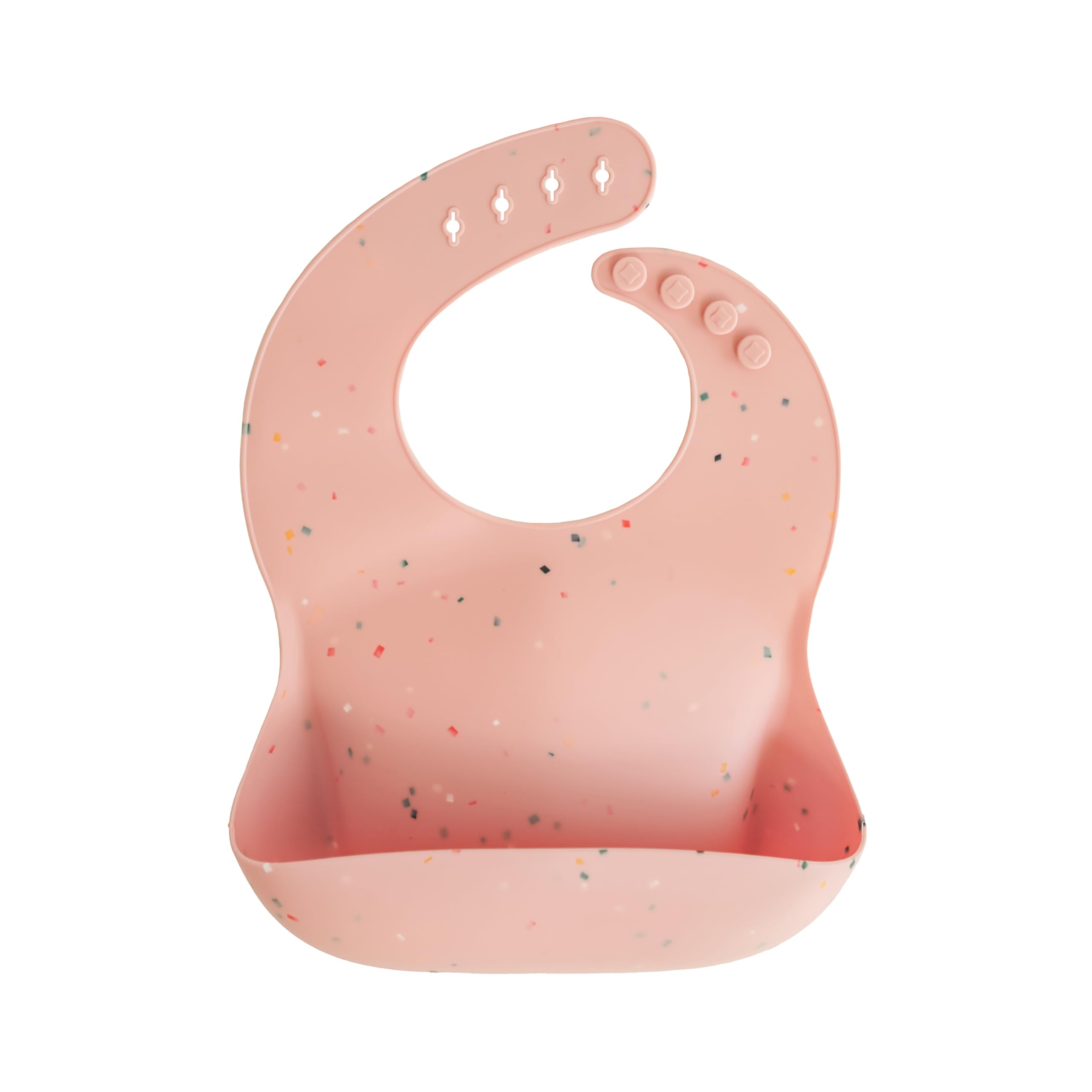 Mushie silicone baby bib powder pink confetti on a toddler for mess-free mealtimes