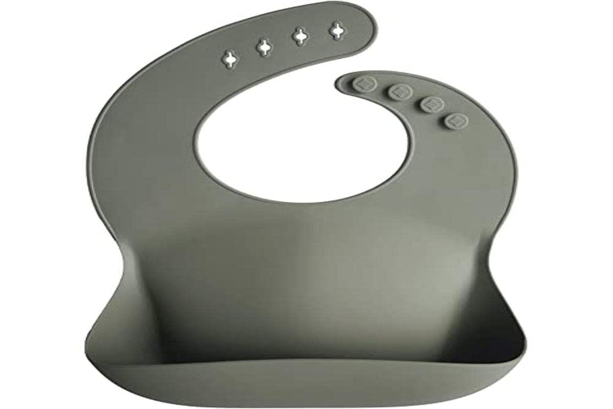 Mushie Silicone Baby Bib Silver Sage showcases easy-care design you can air dry after mealtime.