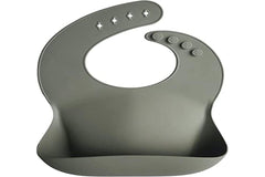 Mushie Silicone Baby Bib Silver Sage showcases easy-care design you can air dry after mealtime.