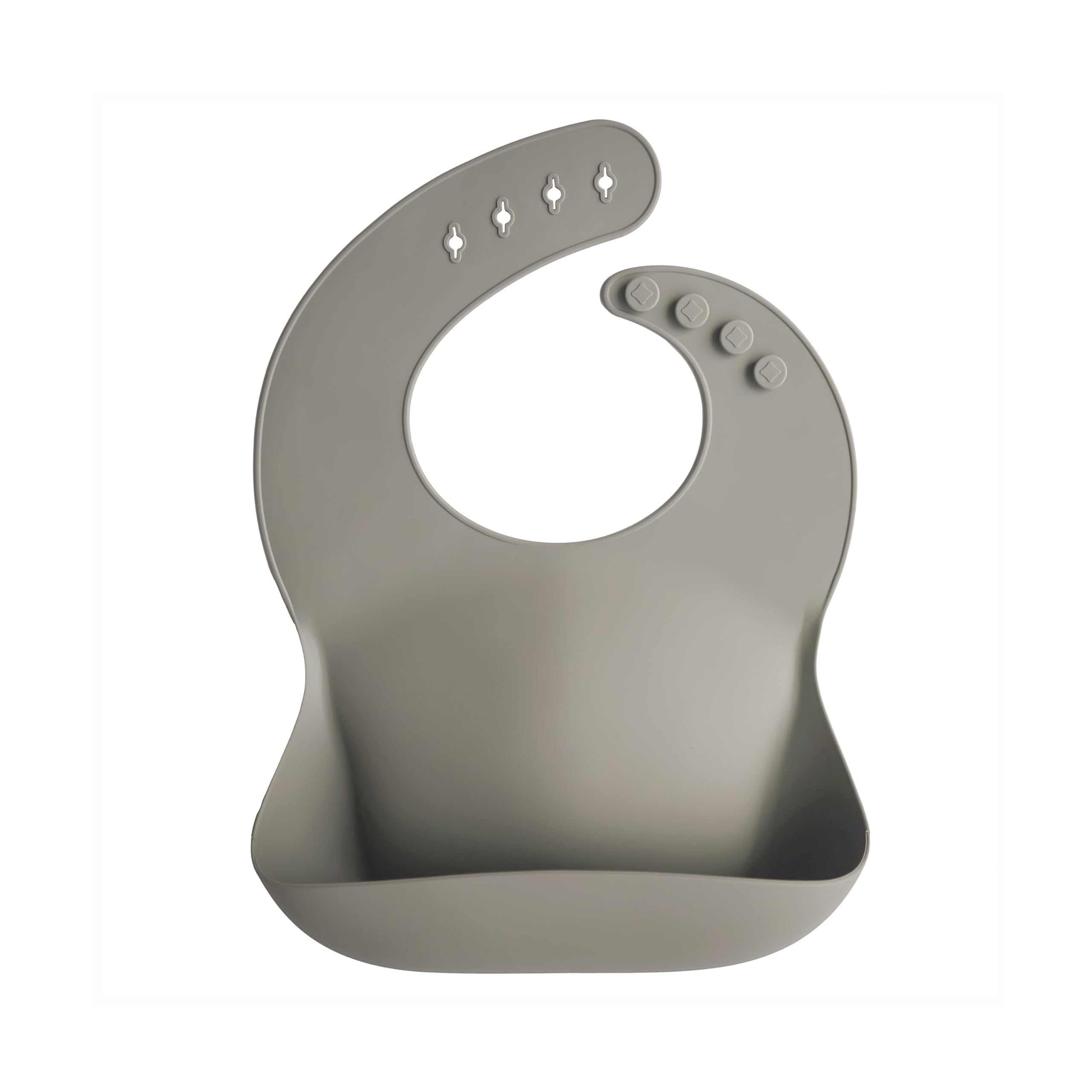 Mushie Silicone Baby Bib Silver Sage with a snug neck-fastener keeps toddlers comfy during meals.