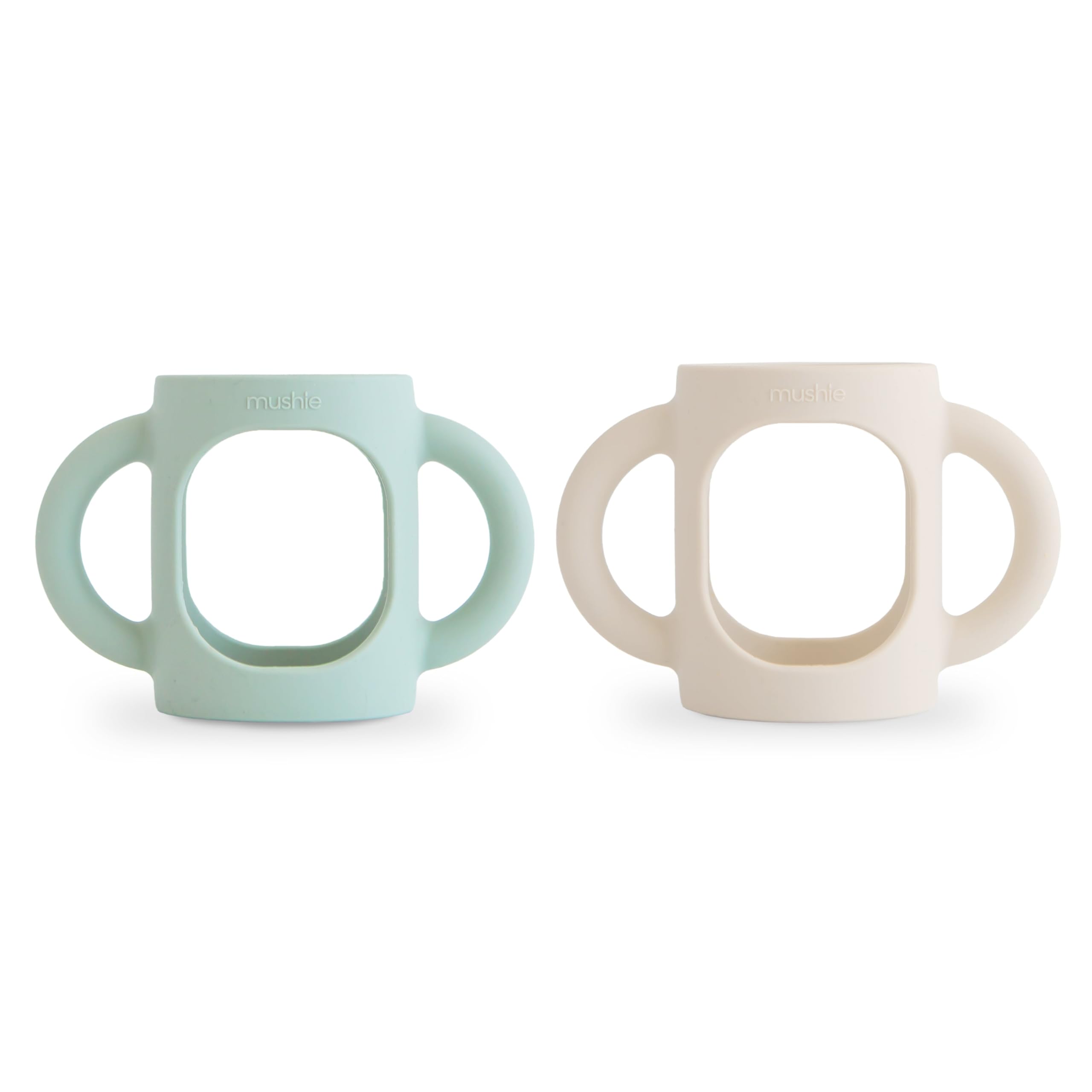Mushie silicone baby bottle handles in Cambridge Blue offer easy gripping for little hands.