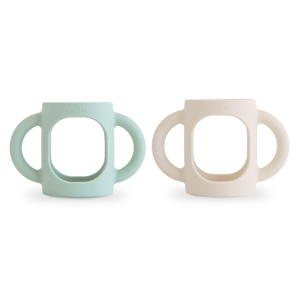 Mushie silicone baby bottle handles in Cambridge Blue offer easy gripping for little hands.
