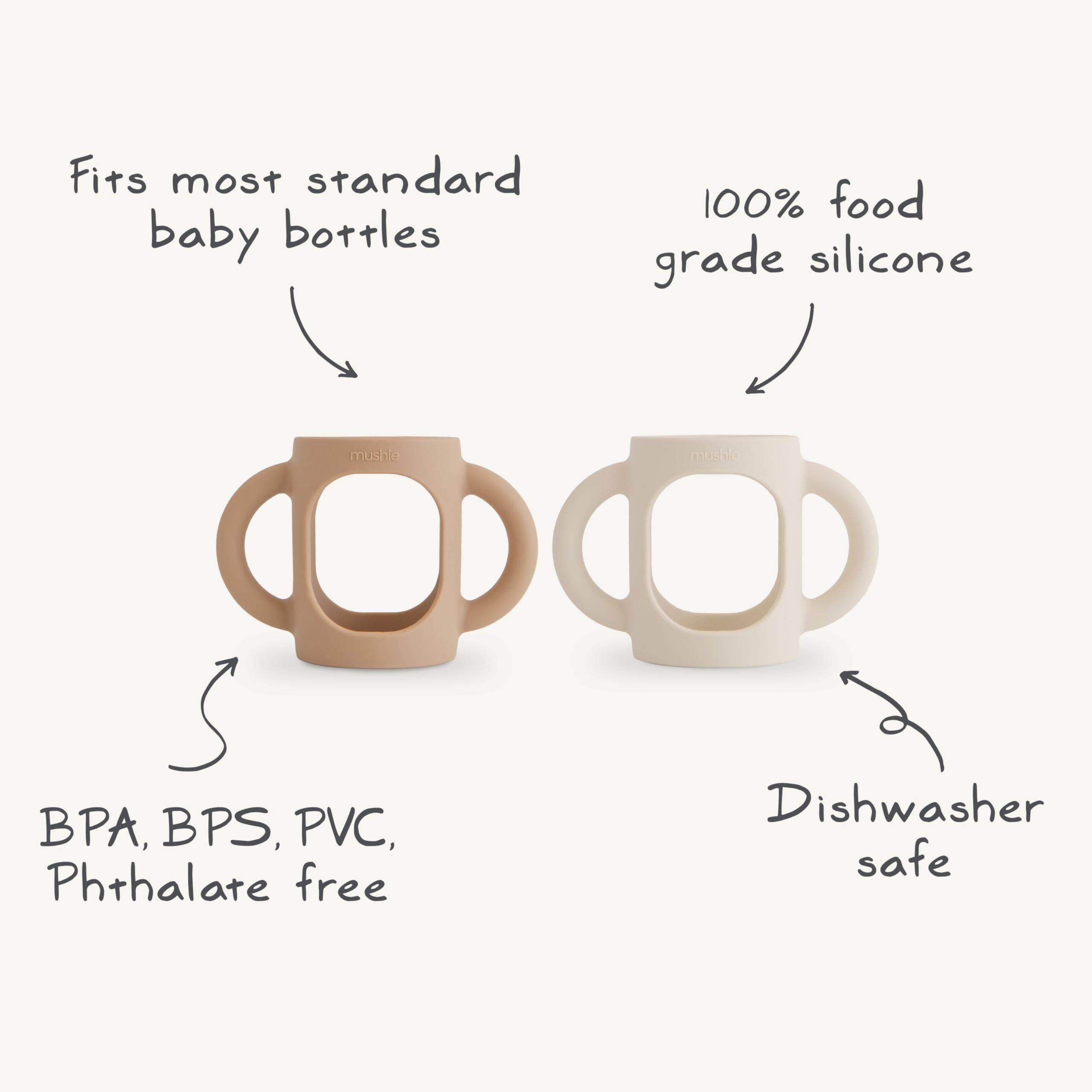 Mushie silicone baby bottle handles in Shifting Sand provide secure hold during feeding.