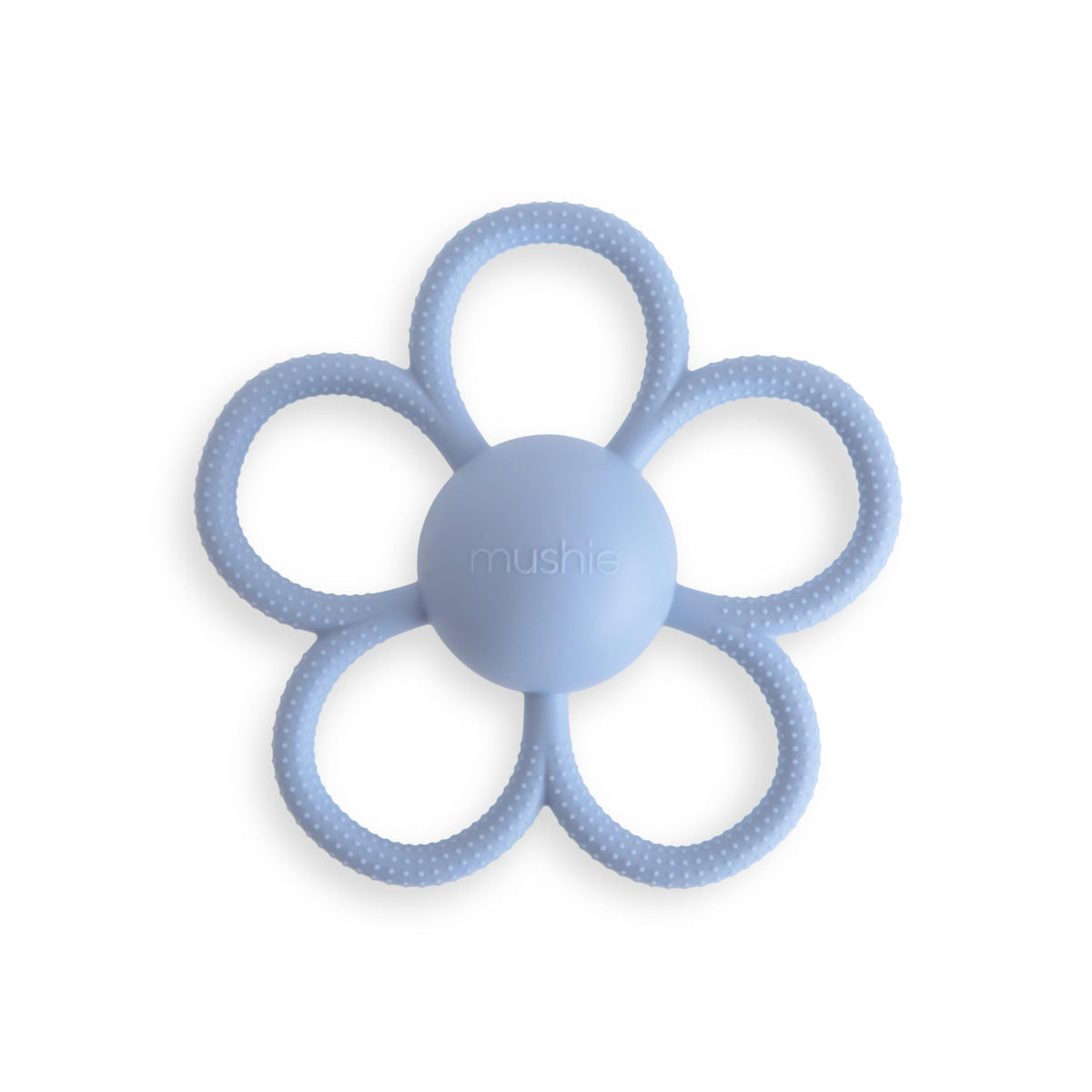Mushie Daisy Rattle Teether in faded denim with textured silicone for gum massage and self-soothing.