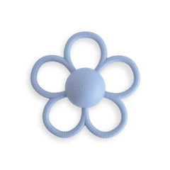Mushie Daisy Rattle Teether in faded denim with textured silicone for gum massage and self-soothing.