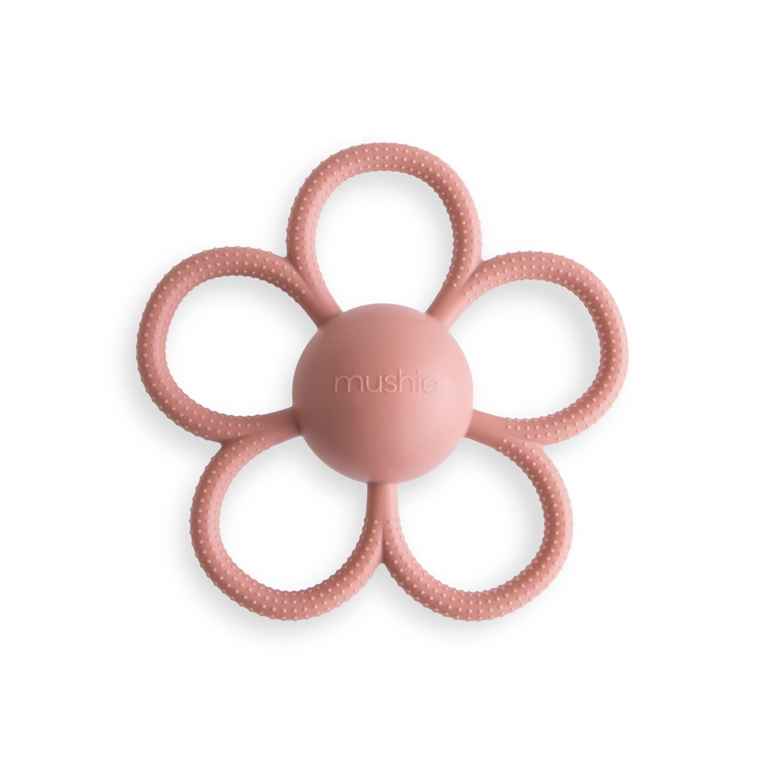 Mushie Daisy Rattle Teether dusty-rose front view supports sensory exploration.