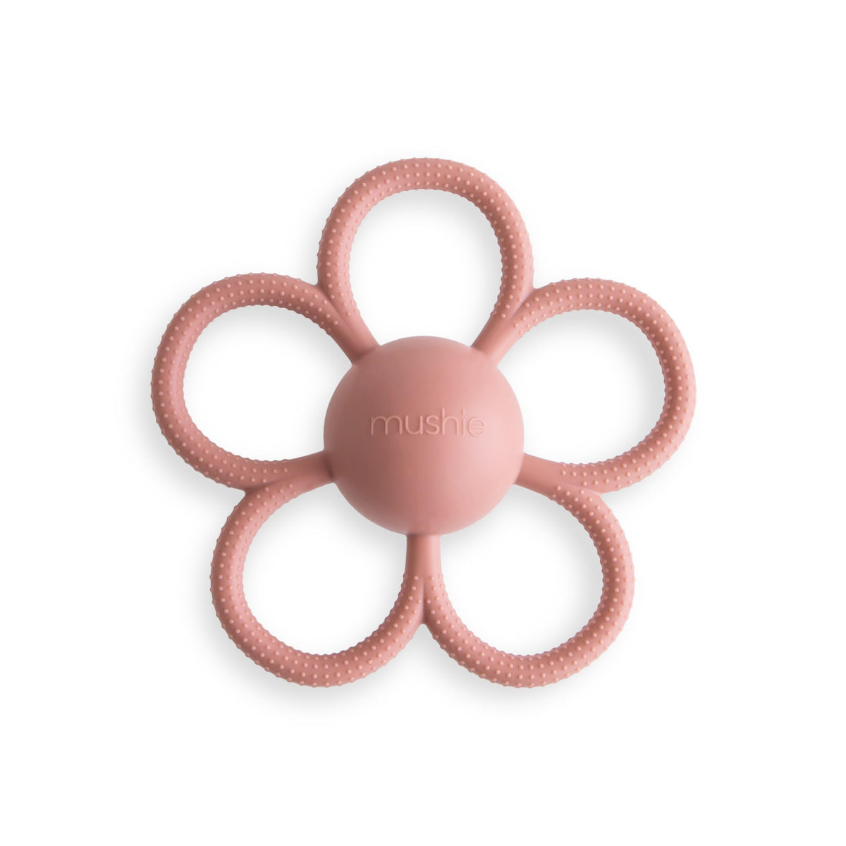 Mushie Daisy Rattle Teether dusty-rose front view supports sensory exploration.