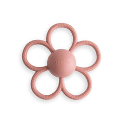 Mushie Daisy Rattle Teether dusty-rose front view supports sensory exploration.