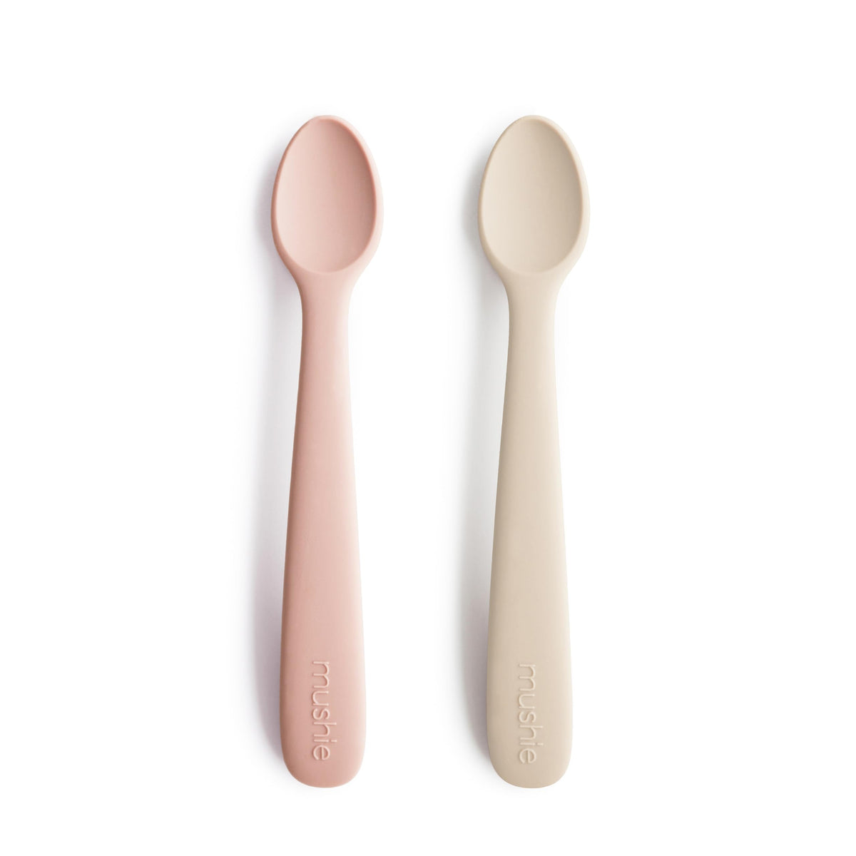 Mushie silicone baby feeding spoons blush shifting sand pack shown for soft-tip comfort during mealtime