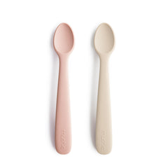 Mushie silicone baby feeding spoons blush shifting sand pack shown for soft-tip comfort during mealtime