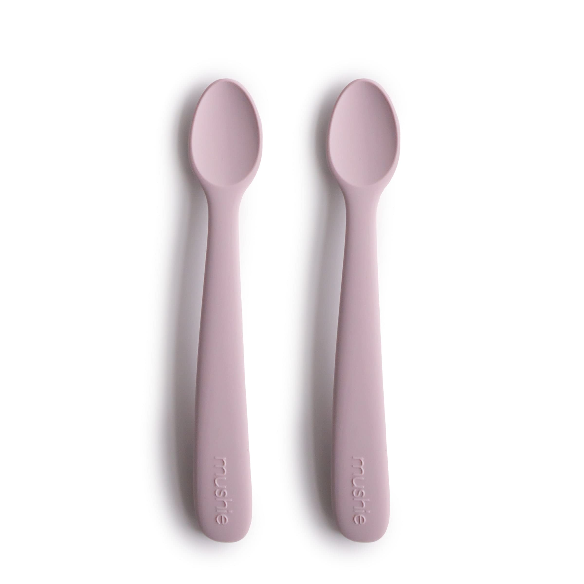 Mushie silicone baby feeding spoons soft lilac tip for gentle gum comfort during meals.