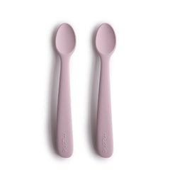Mushie silicone baby feeding spoons soft lilac tip for gentle gum comfort during meals.