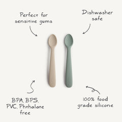 Mushie silicone baby feeding spoons soft-tip close-up highlights gentle gum-friendly design.