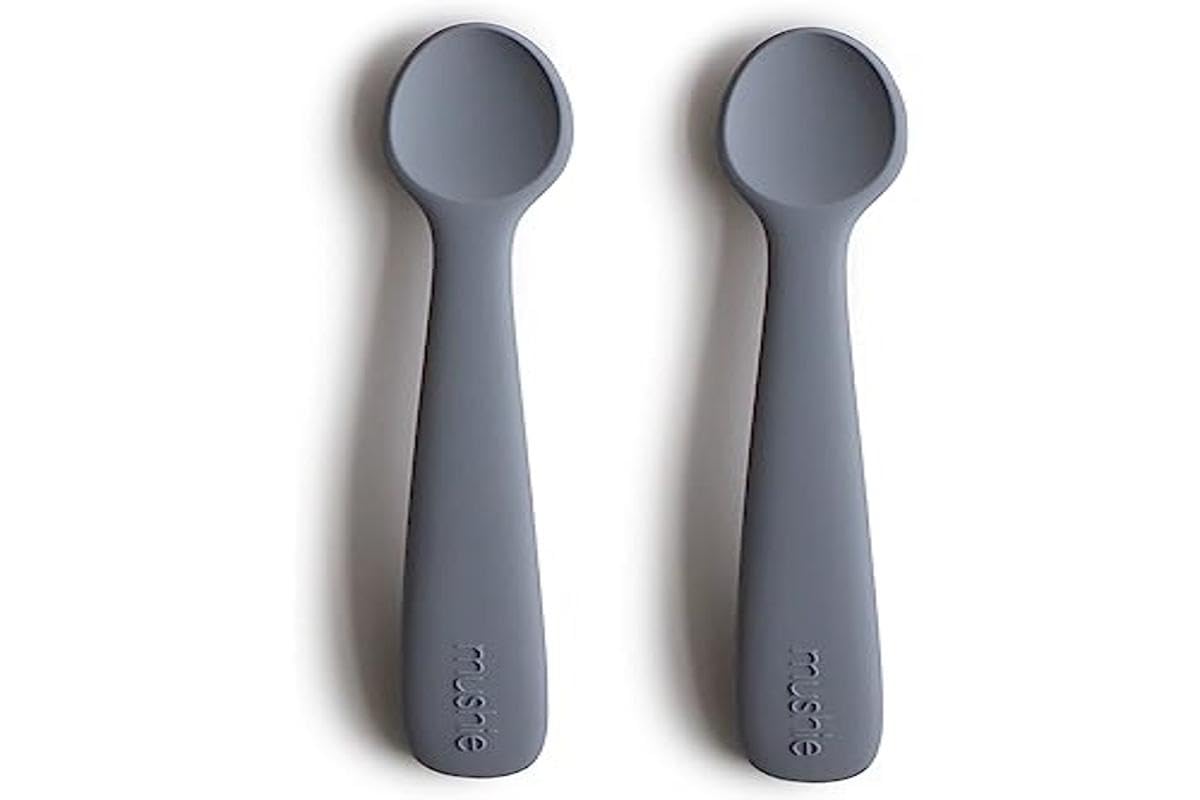 Colorful Mushie Tradewinds spoons make feeding intervals more engaging for babies.