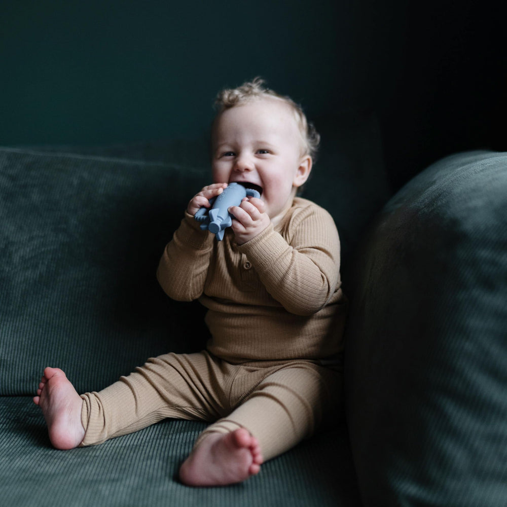 Mushie rocket teether ergonomic handle grip designed for tiny hands