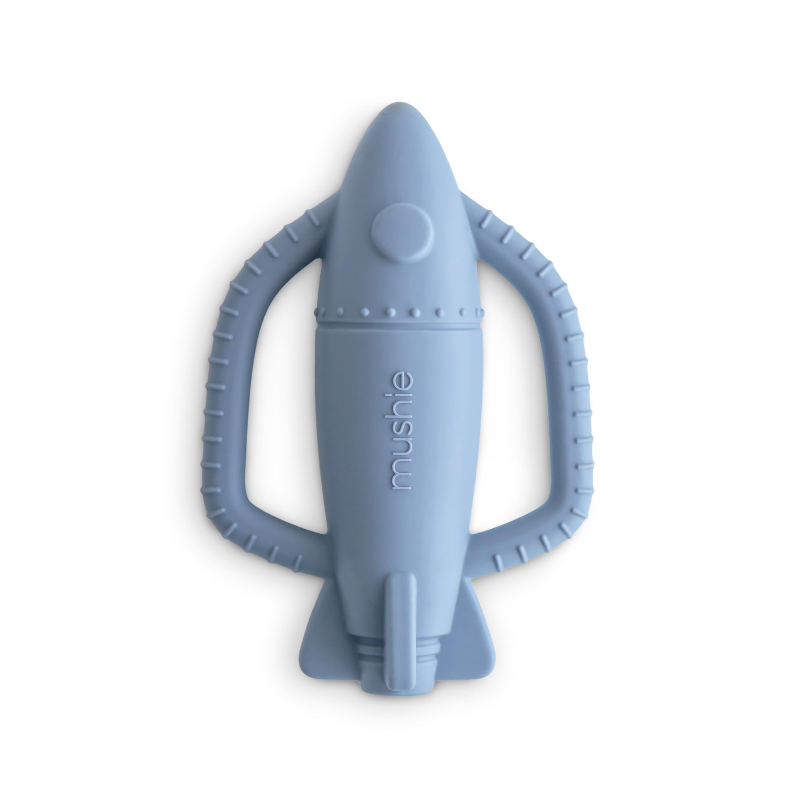 Mushie rocket rattle teether side view showing small-hand grip for easy grasp