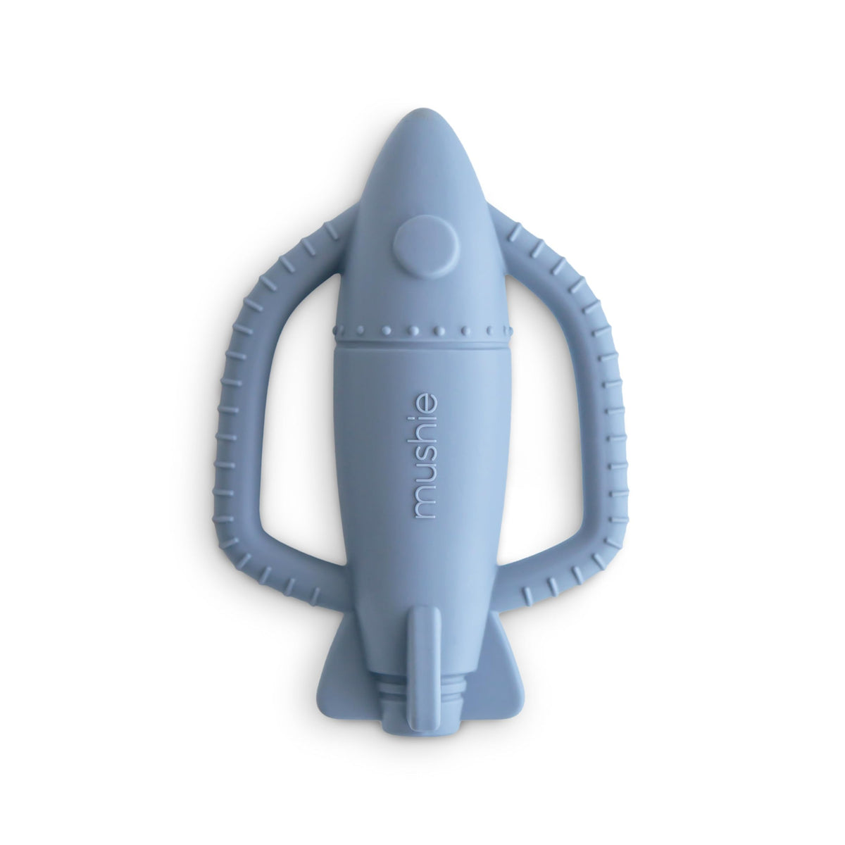 Mushie rocket rattle teether side view showing small-hand grip for easy grasp