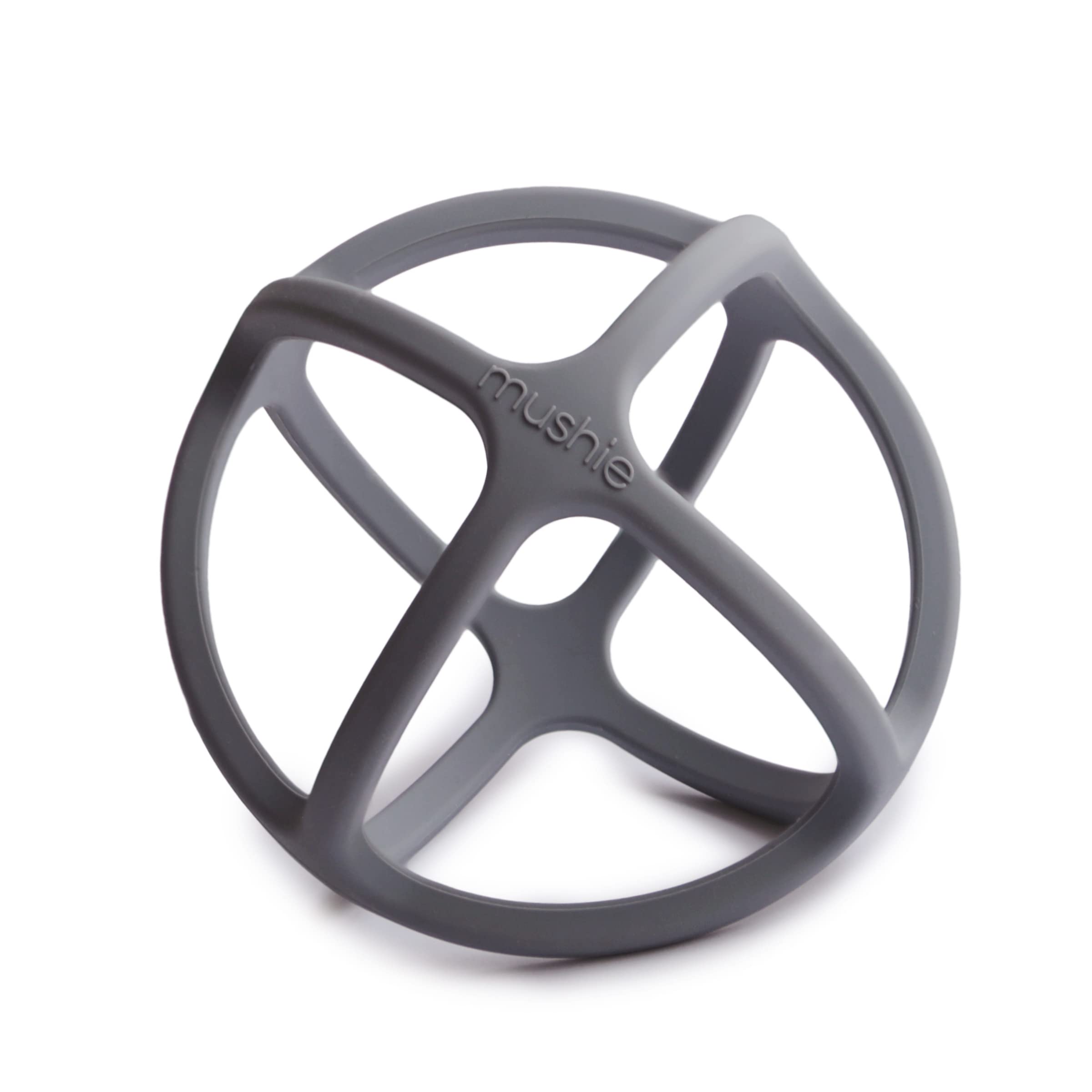 Mushie silicone baby teether ball in Dove Gray front view highlighting smooth texture and safe material.