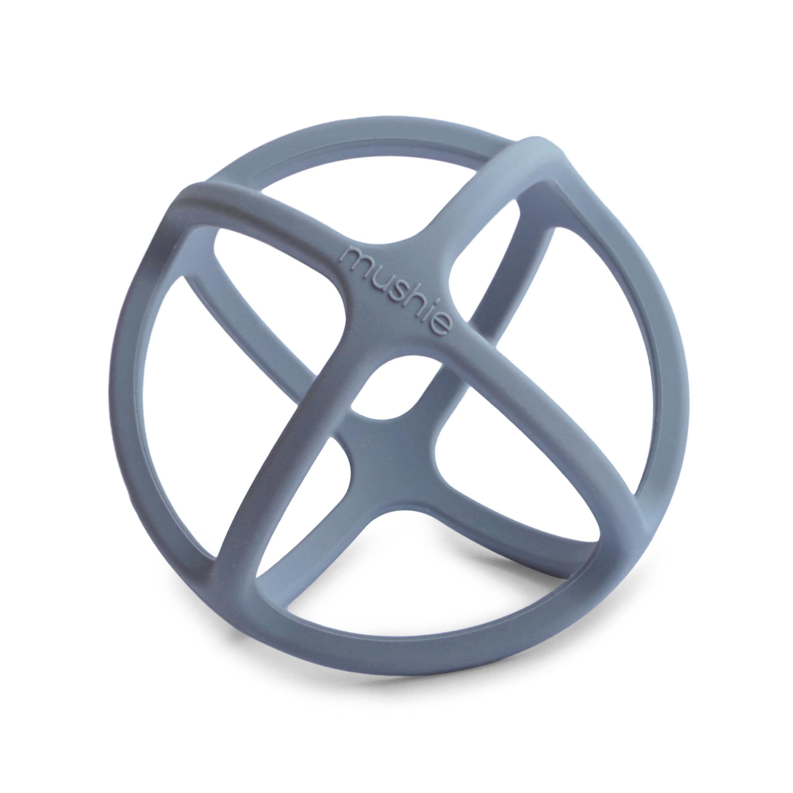 Mushie silicone teether ball with textured grip for soothing gums.