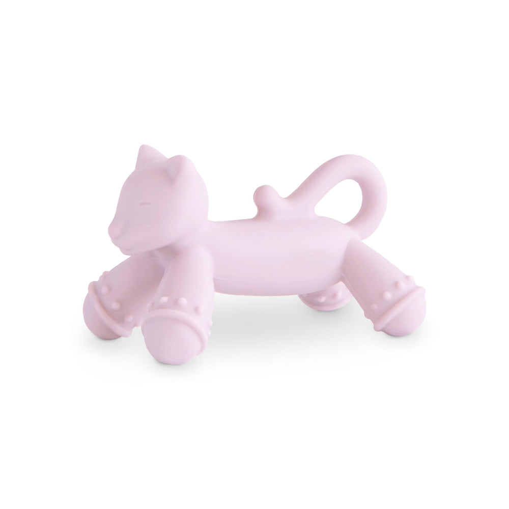 Mushie cat figurine teether closeup highlighting soft silicone for tender gums